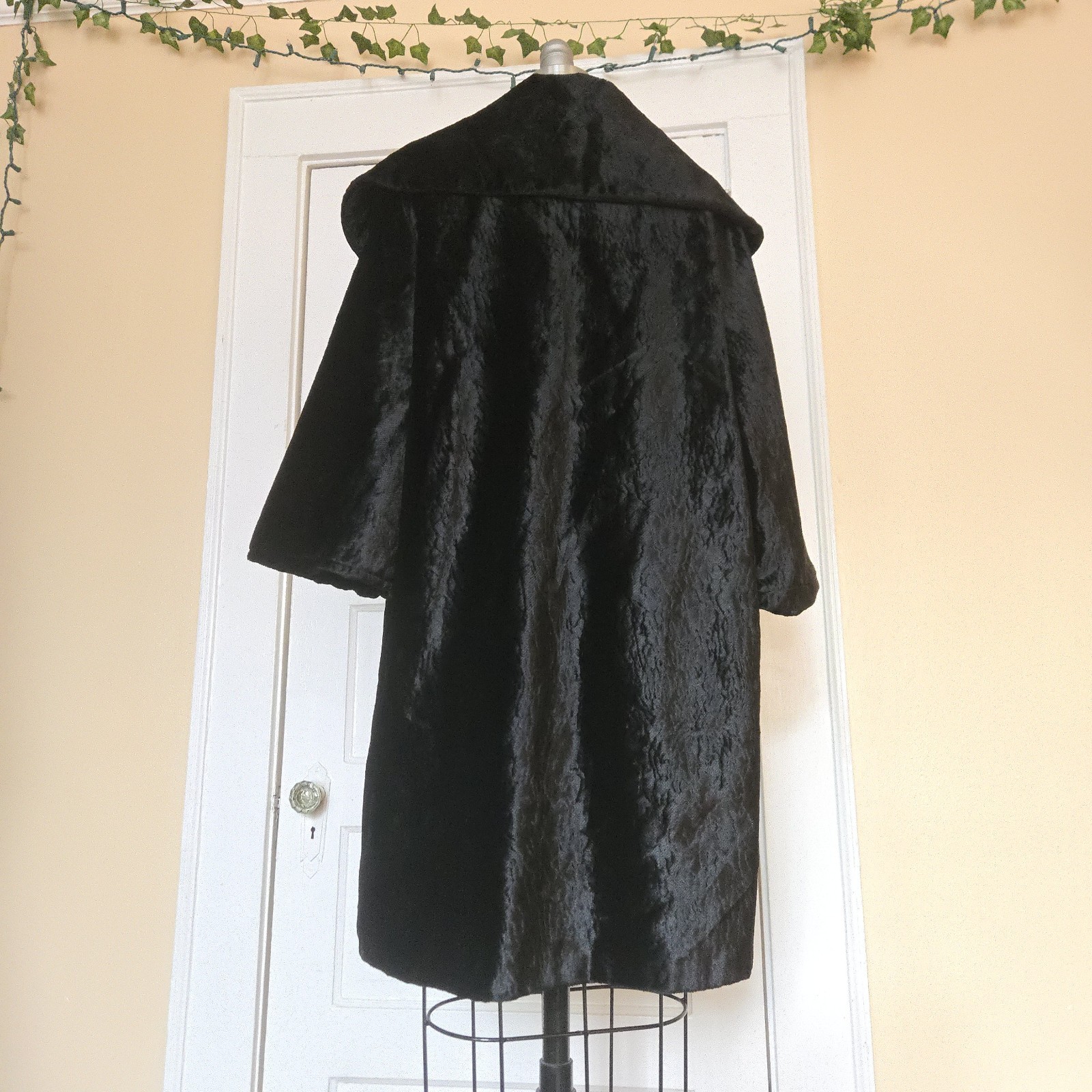1960s Vintage Swing / Opera Coat Black Faux Fur ILGWU Union Made Double Breasted