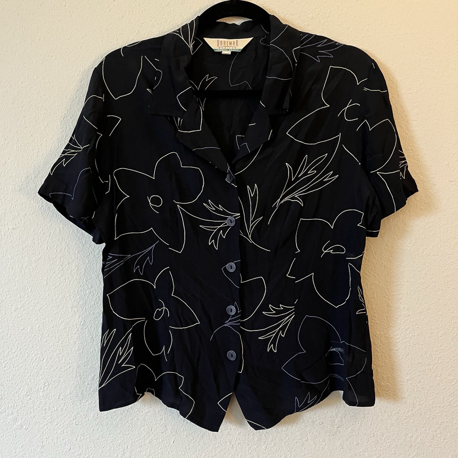 Vintage Braemar Black Floral Button Up Shirt Short Sleeve Size 10