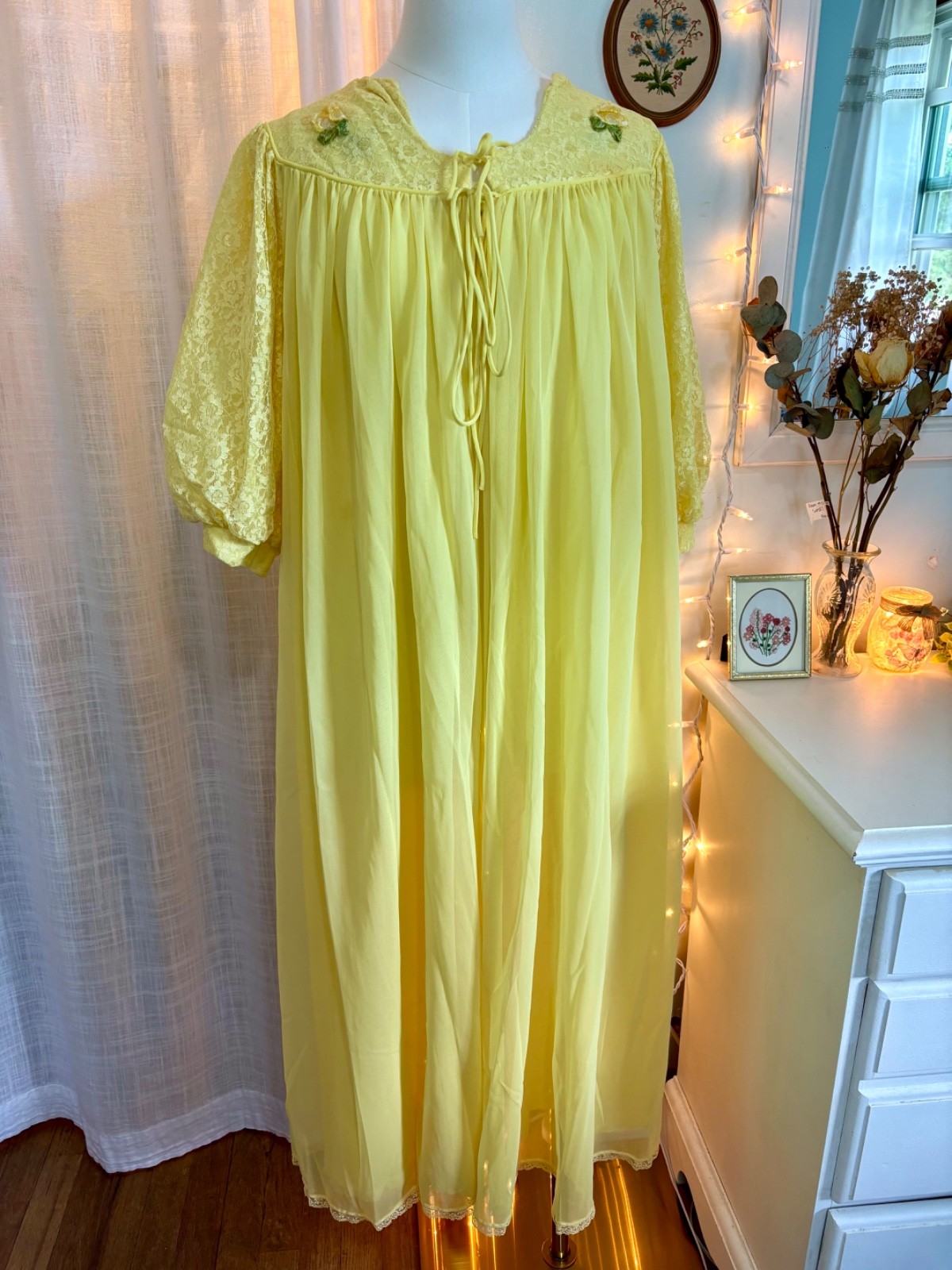 Vintage 1960s Peignoir Set Yellow Nylon Chiffon Matching Robe And Nightgown