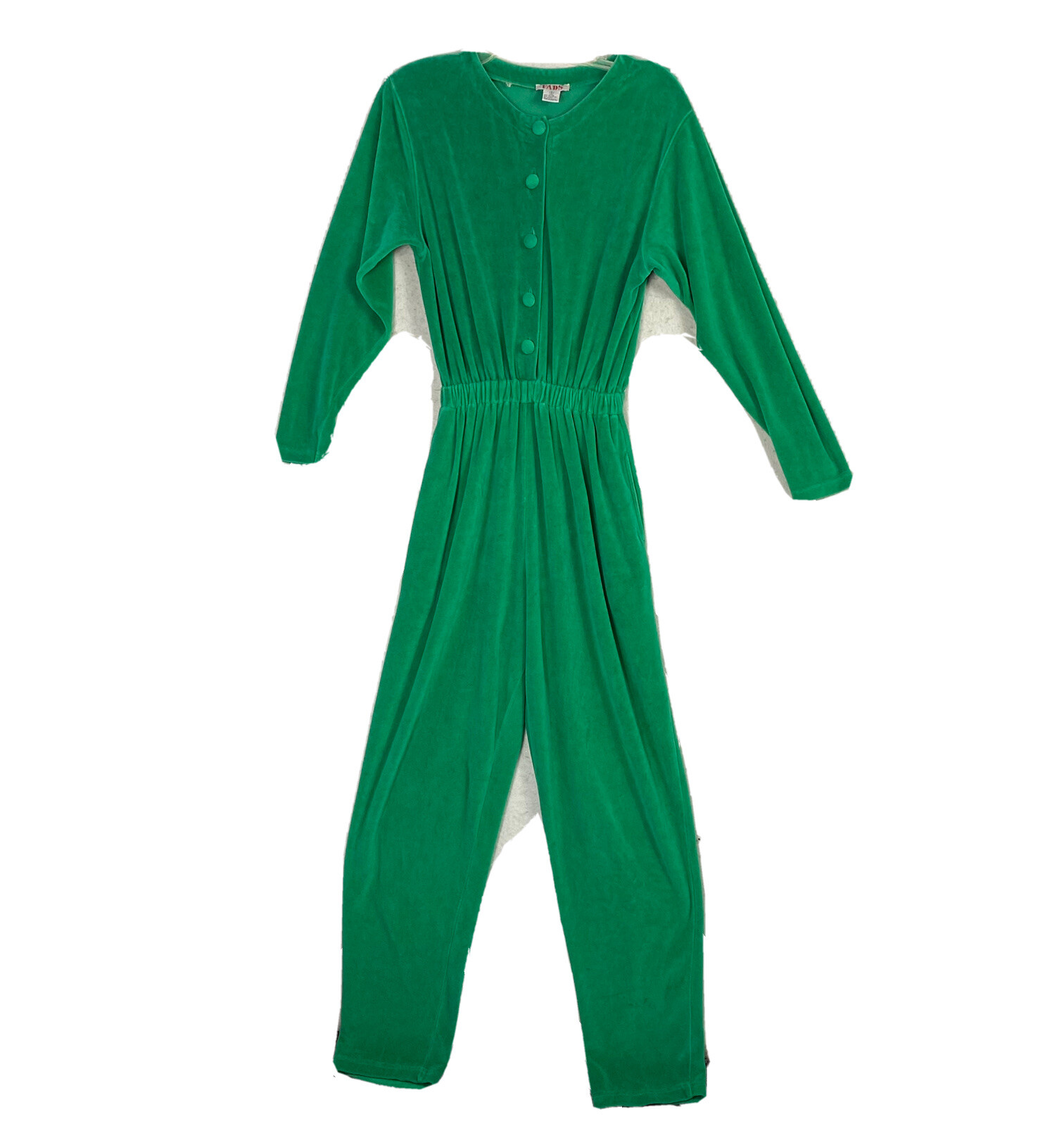 VTG Green Velour Jumpsuit Button Up Long Sleeve S 80s 90s Pockets High Rise