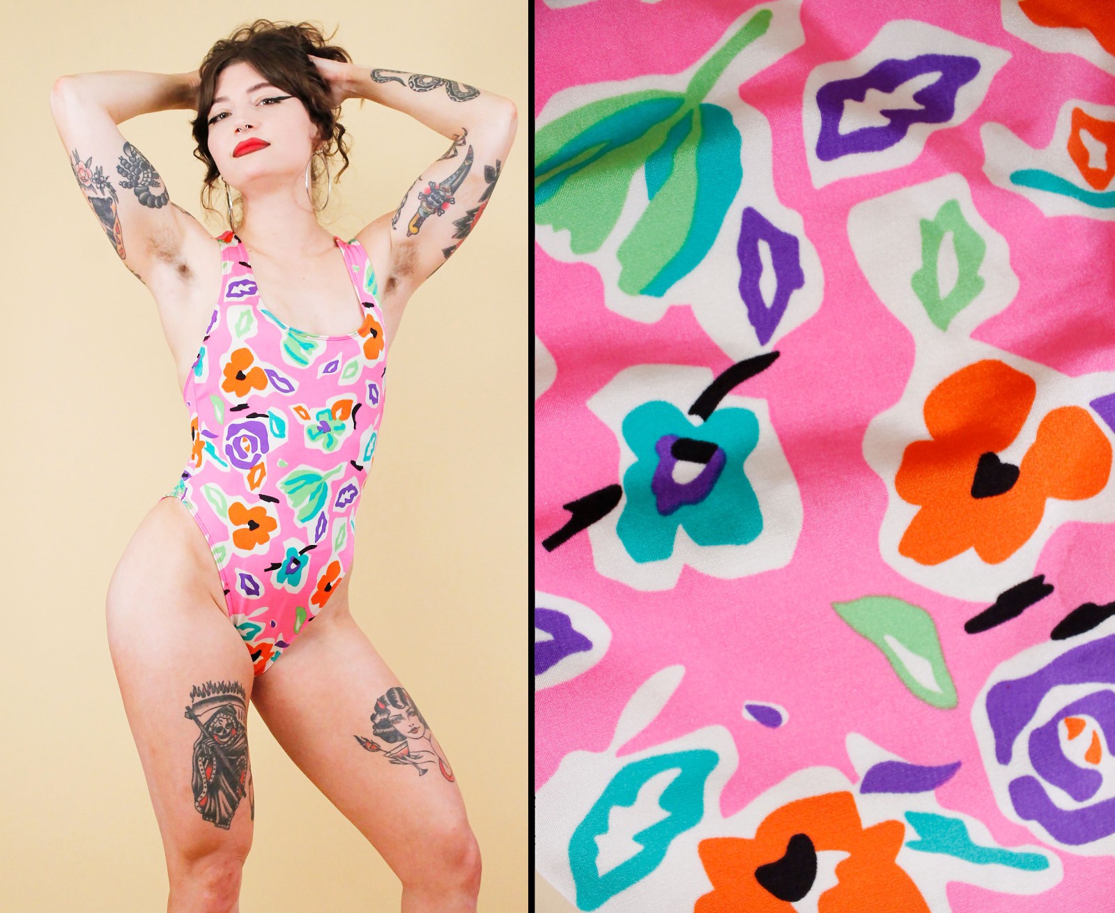 80s Vtg Neon Pink Floral Funky Pattern Spandex Swimsuit Racer Back One Piece S