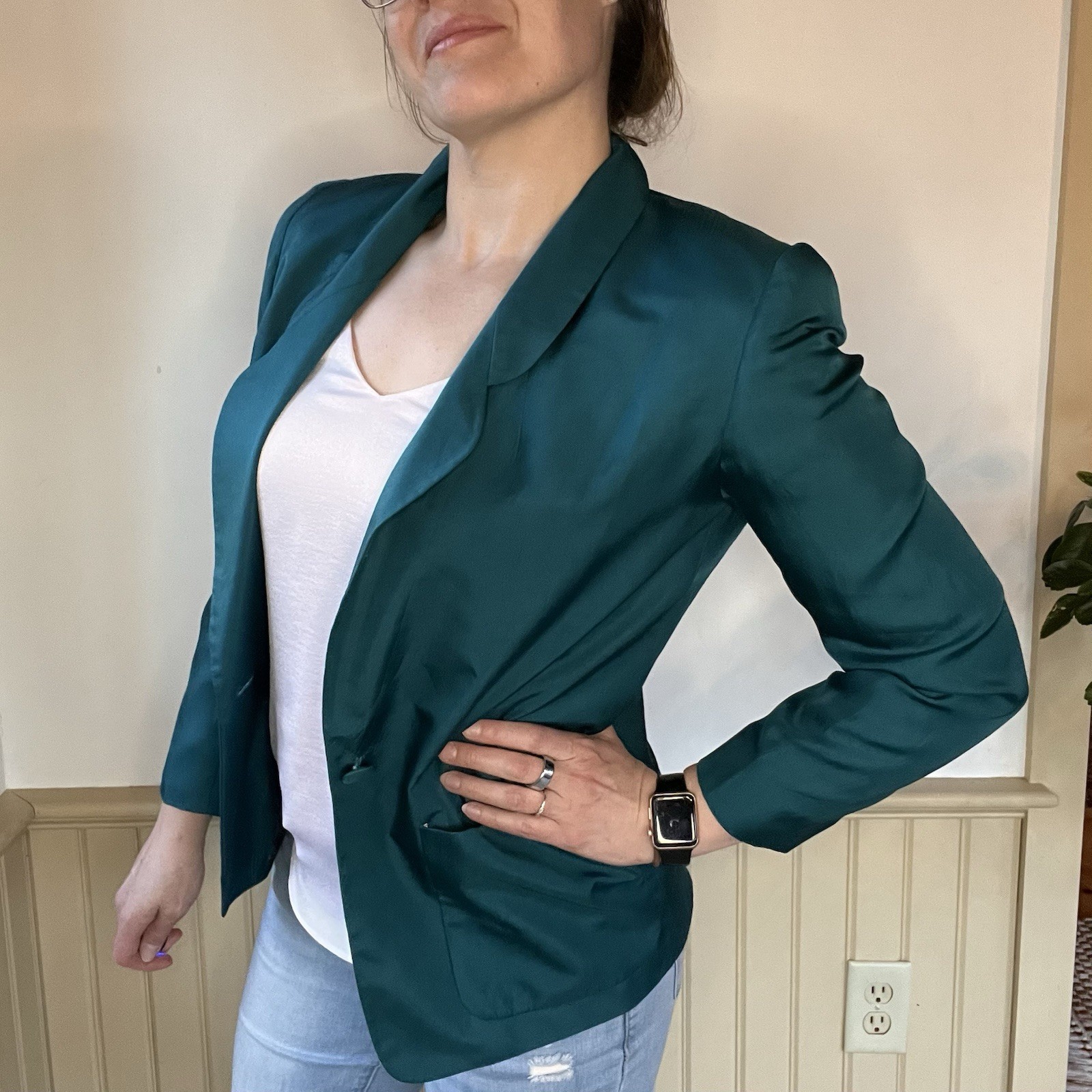 Vintage Evan Picone Silk Emerald Blazer Lined Front Button Single Breasted