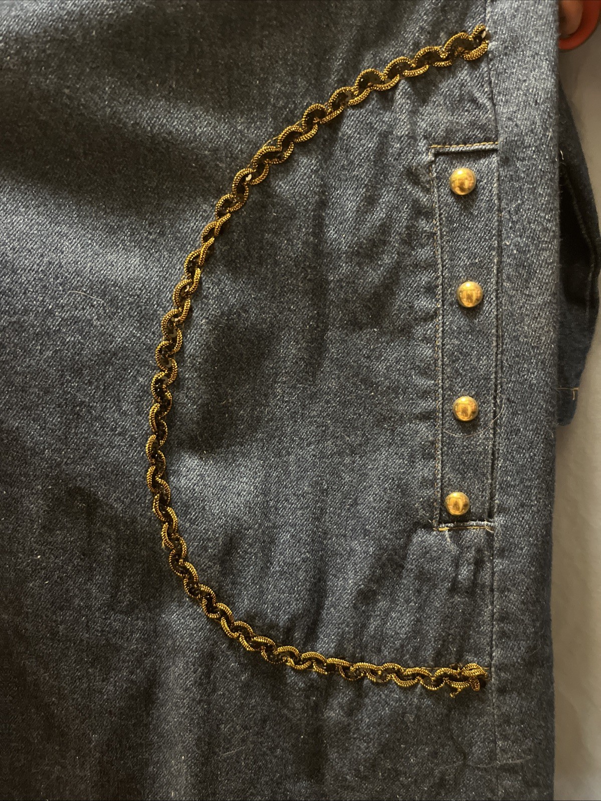 RARE Vintage 80s Charle Casuals Beaded Tapestry Gold Denim DUSTER BOHO See Pix