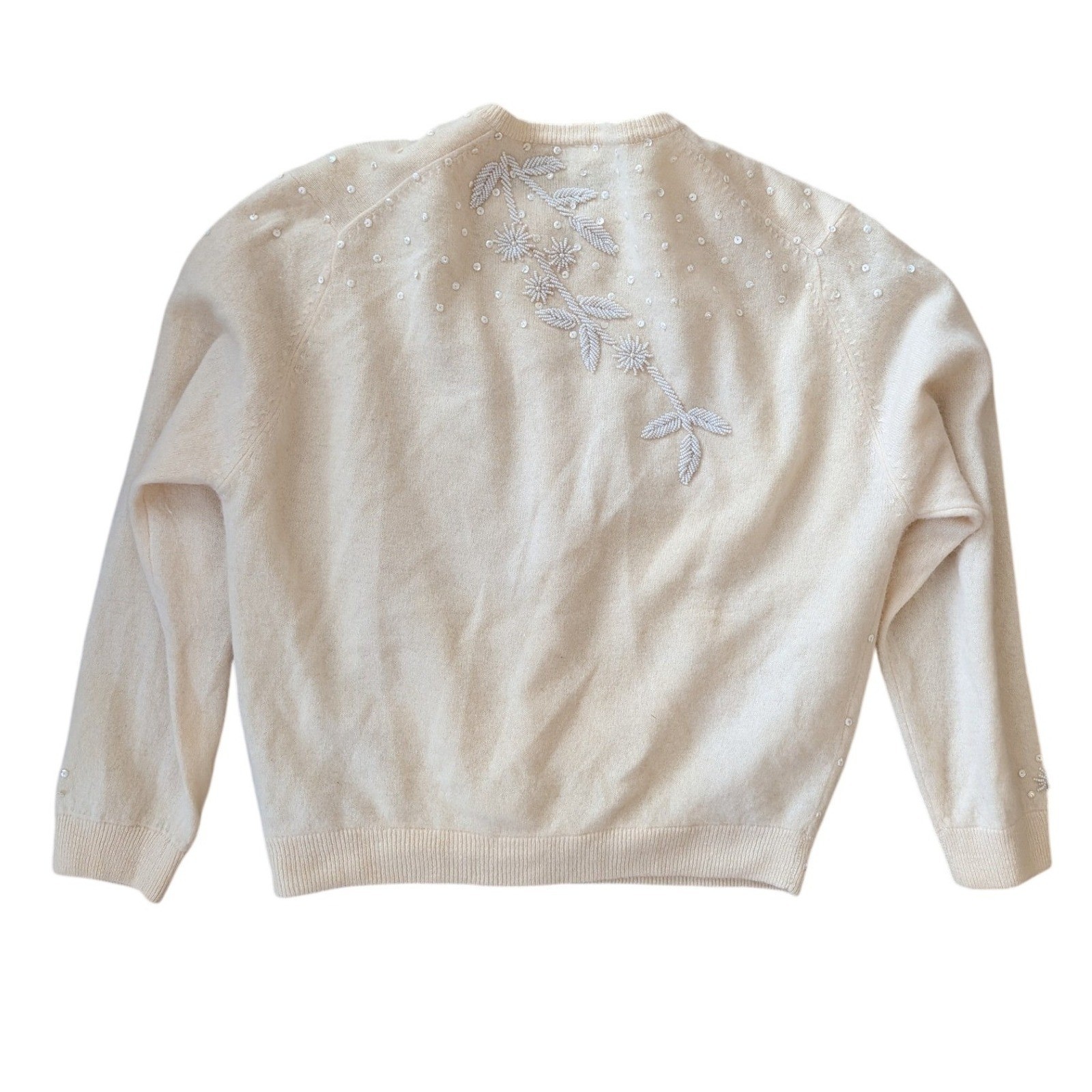 Vintage Women’s Beaded Angora Lambswool Cardigan Cream Floral Sequin Sweater- XS