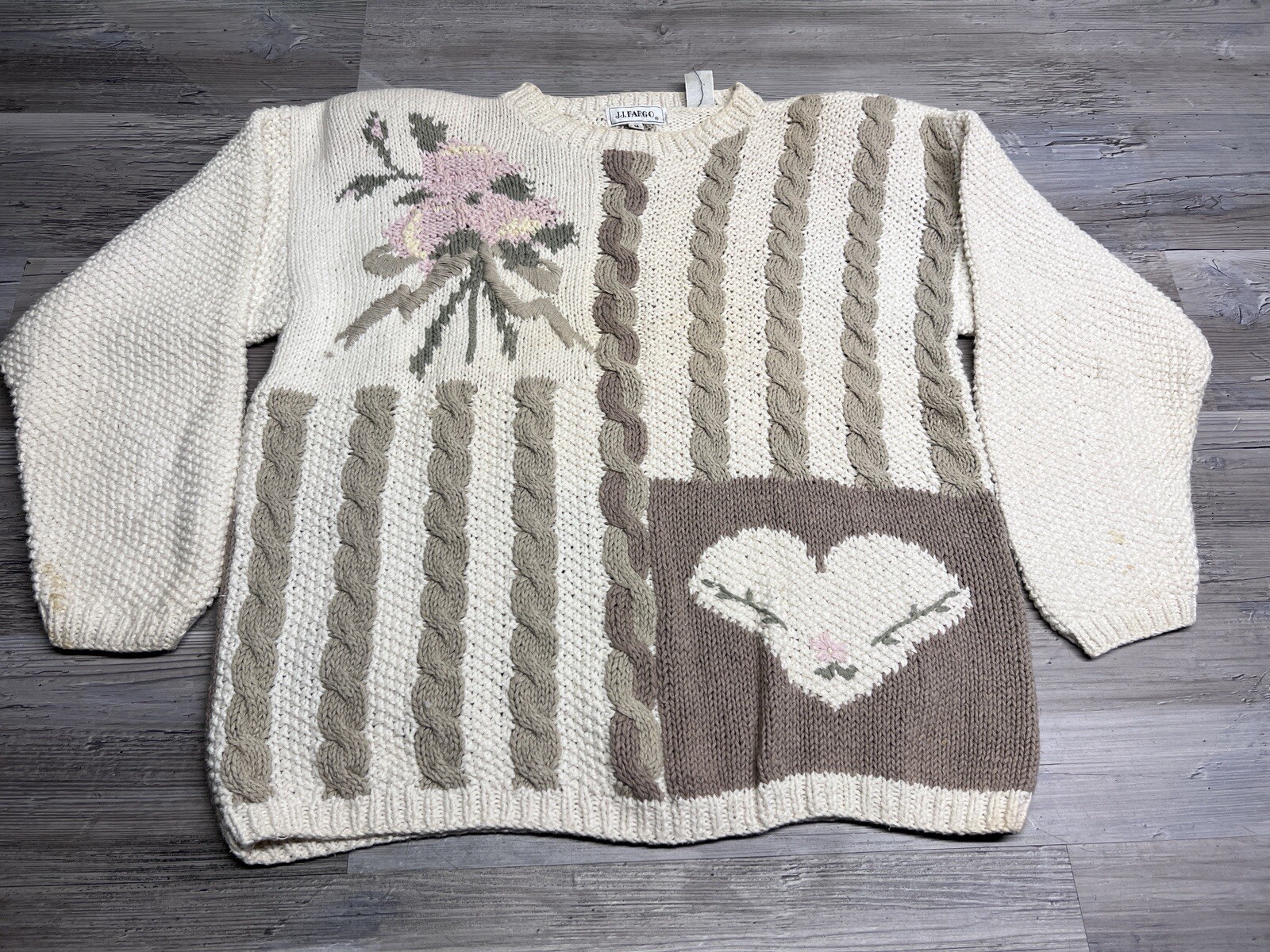 Vintage Floral Heart Patchwork Knit Pullover Sweater Cottagecore Grandmacore M