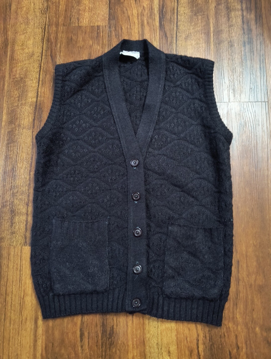 Vintage Marvin Turbo Orlon Acrylic Black Button Up Sweater Vest With Pockets USA