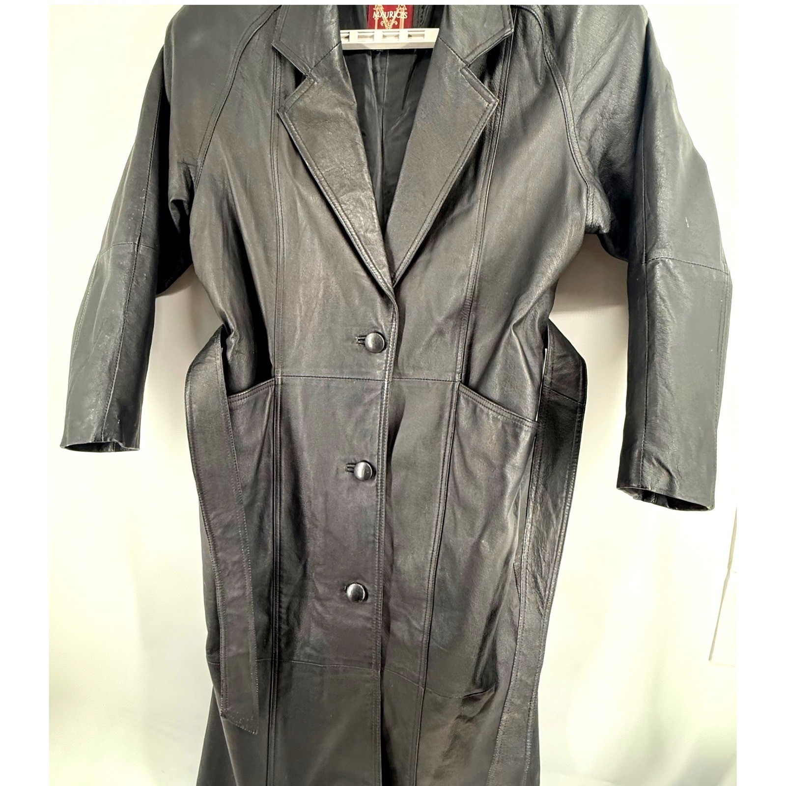 VTG Maurices Trench Coat Medium Women Oversize Leather Belted Black Full Length