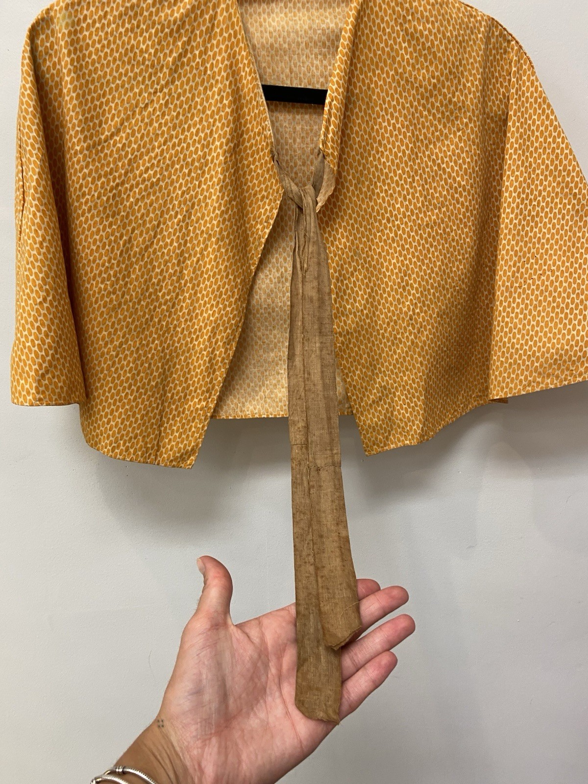 Victorian 1890s Antique Cape Orange Polka Dots over Beige Tan Brown Tied AS IS