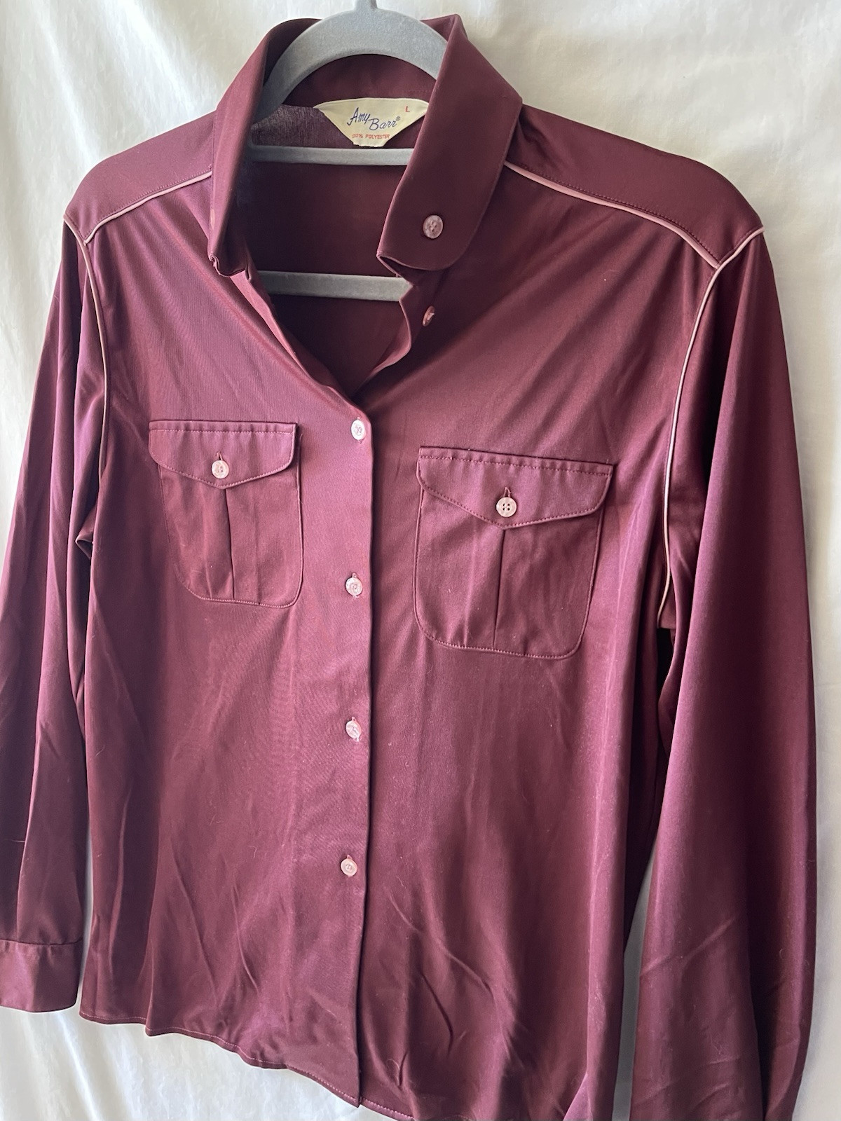 VINTAGE 70’s, AMY BARR, WOMEN’S L POLYESTER BURGUNDY WINE BLOUSE, EUC