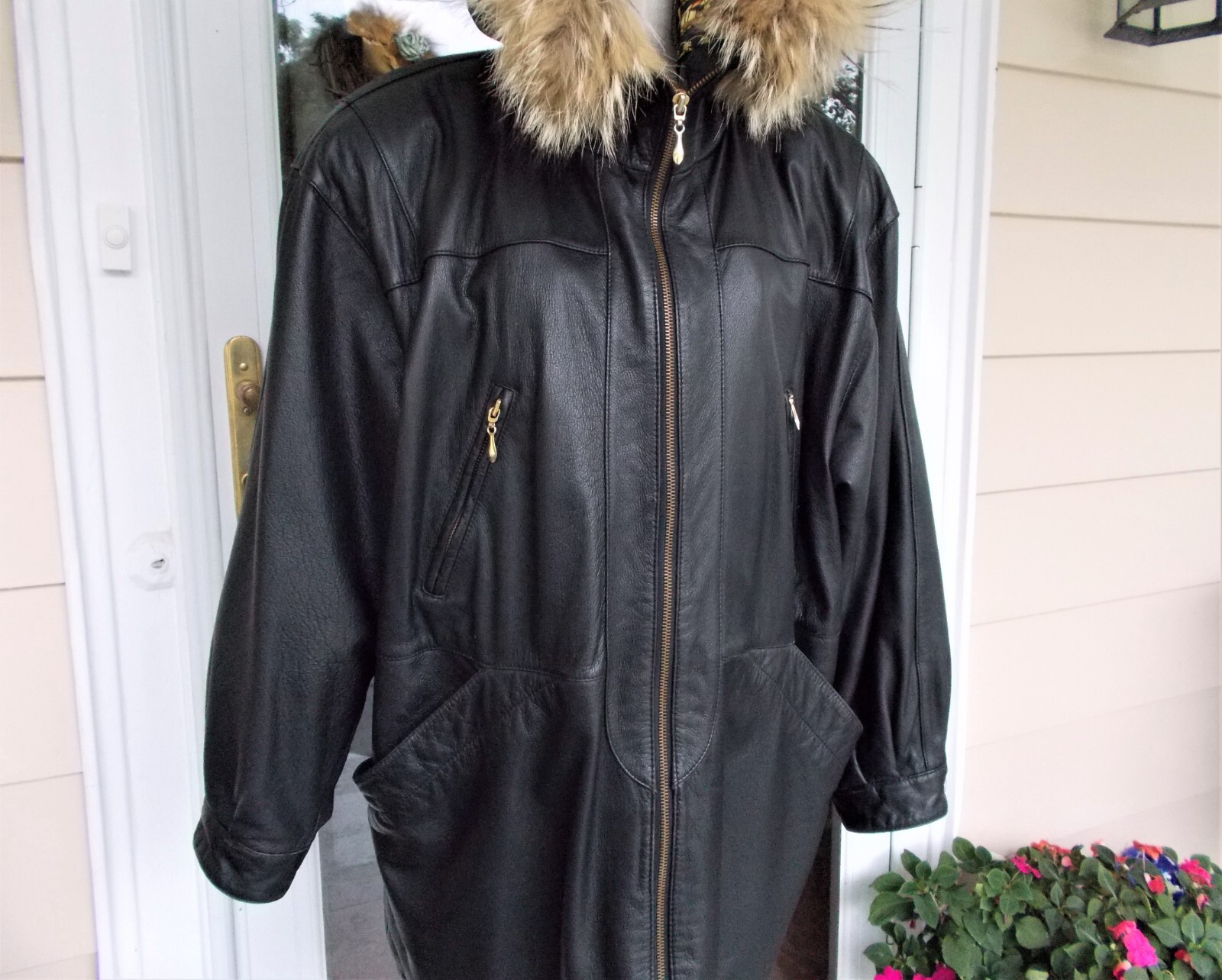 Vntg Jacqueline Ferrar Genuine Leather Jacket Coat Black W/Coyote Fur Hood L/XL