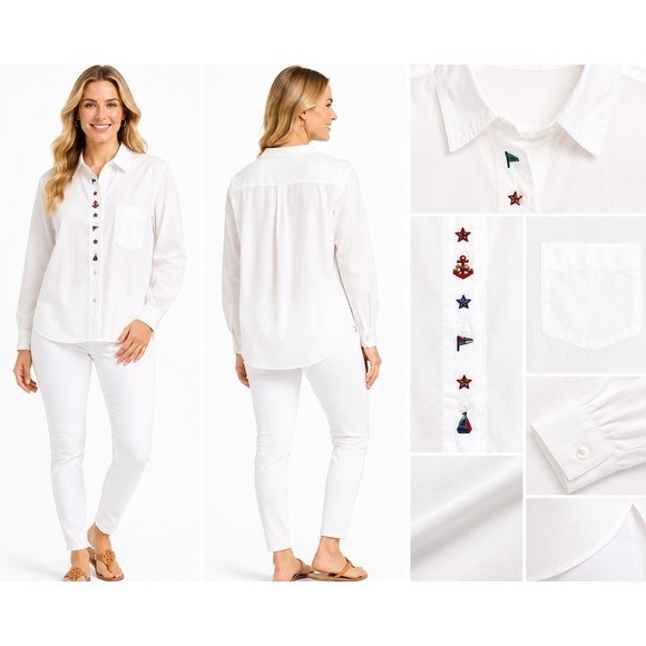 Vintage Button Down Top L Women White Coastal Yacht Club Resort Preppy Cottage