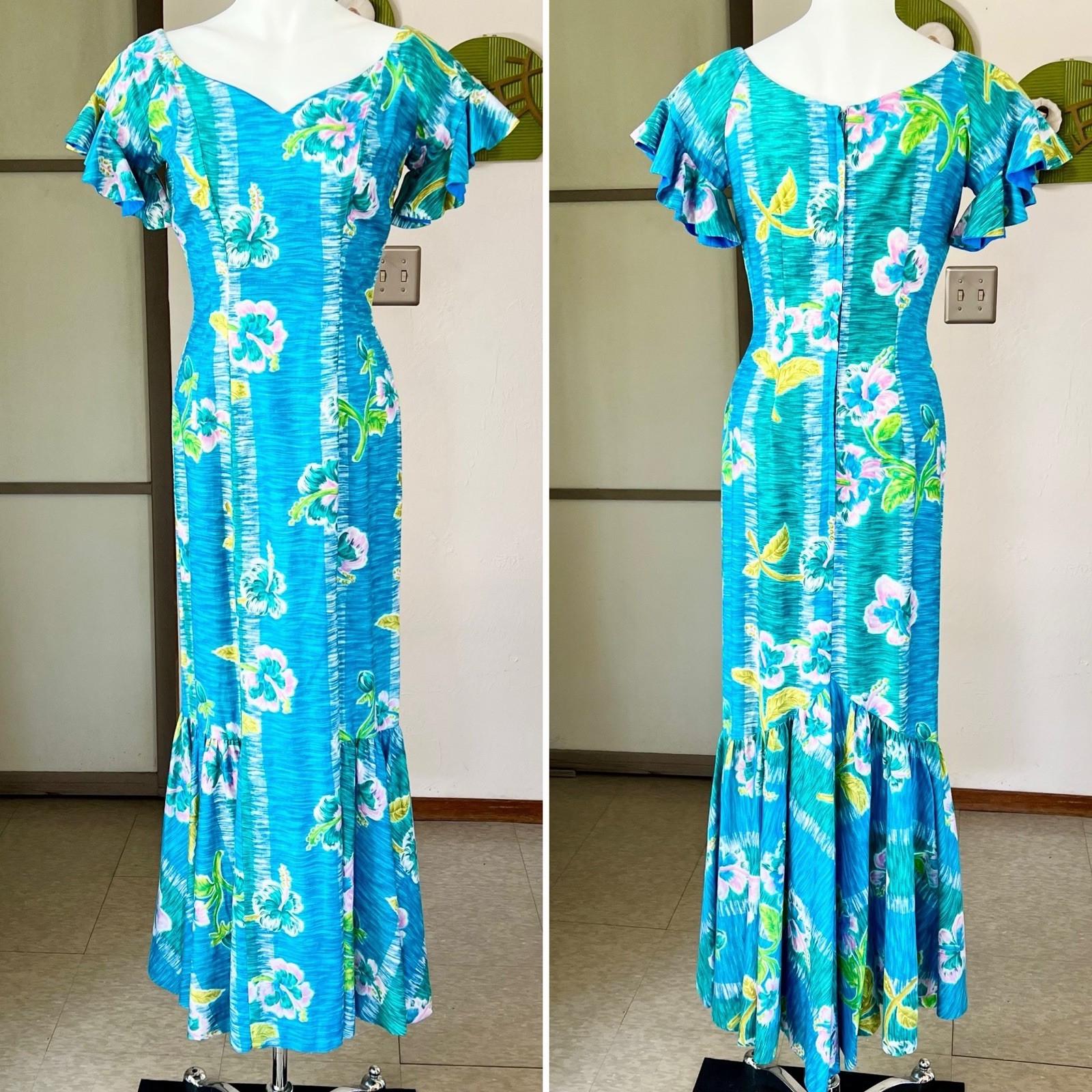 1950s McInerny Cotton Mermaid Hawaiian Dress With Pink Hibiscus 26w