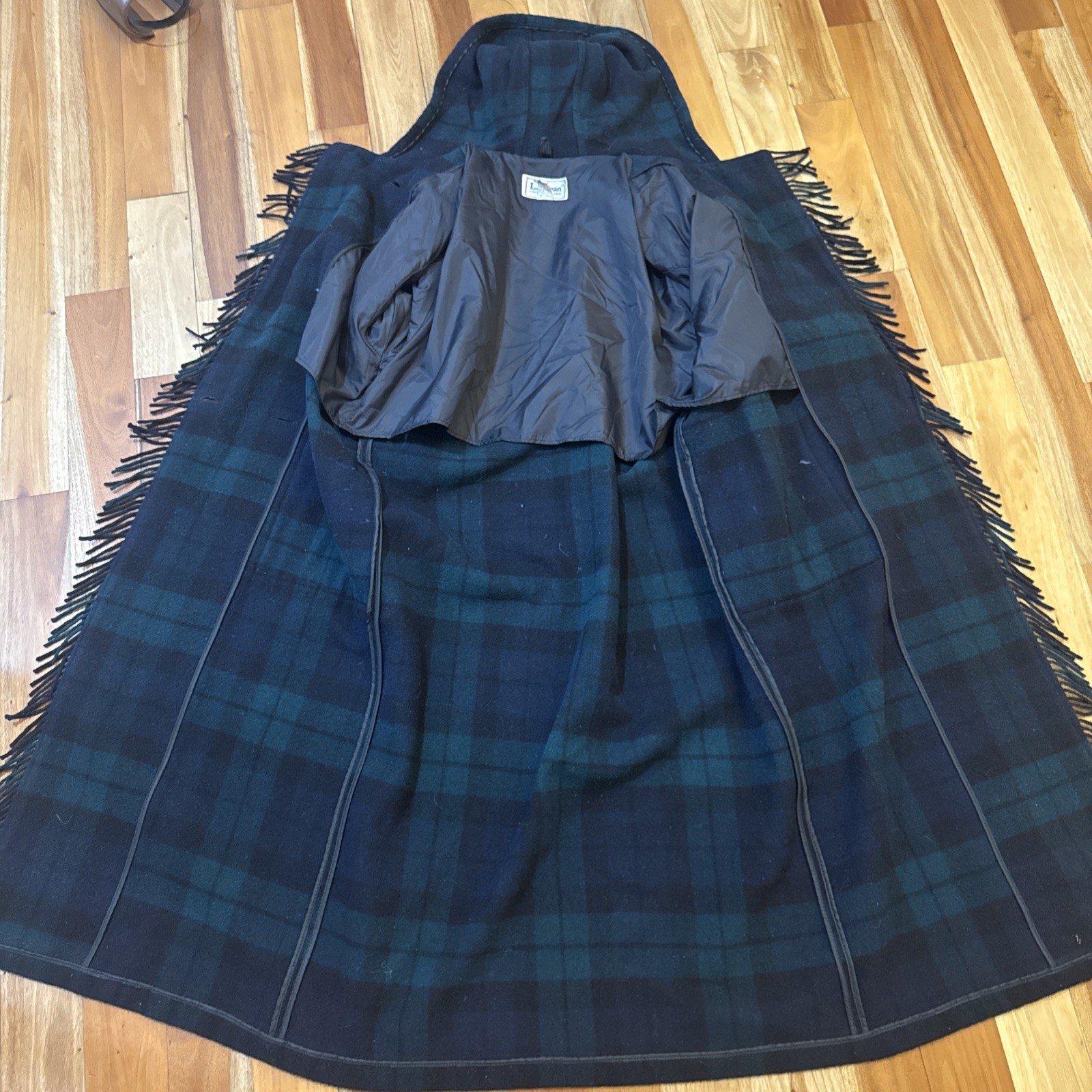 VTG 80s L.L. Bean Plaid Tartan Green Multi Fringe Wool Coat Hood Womens Large