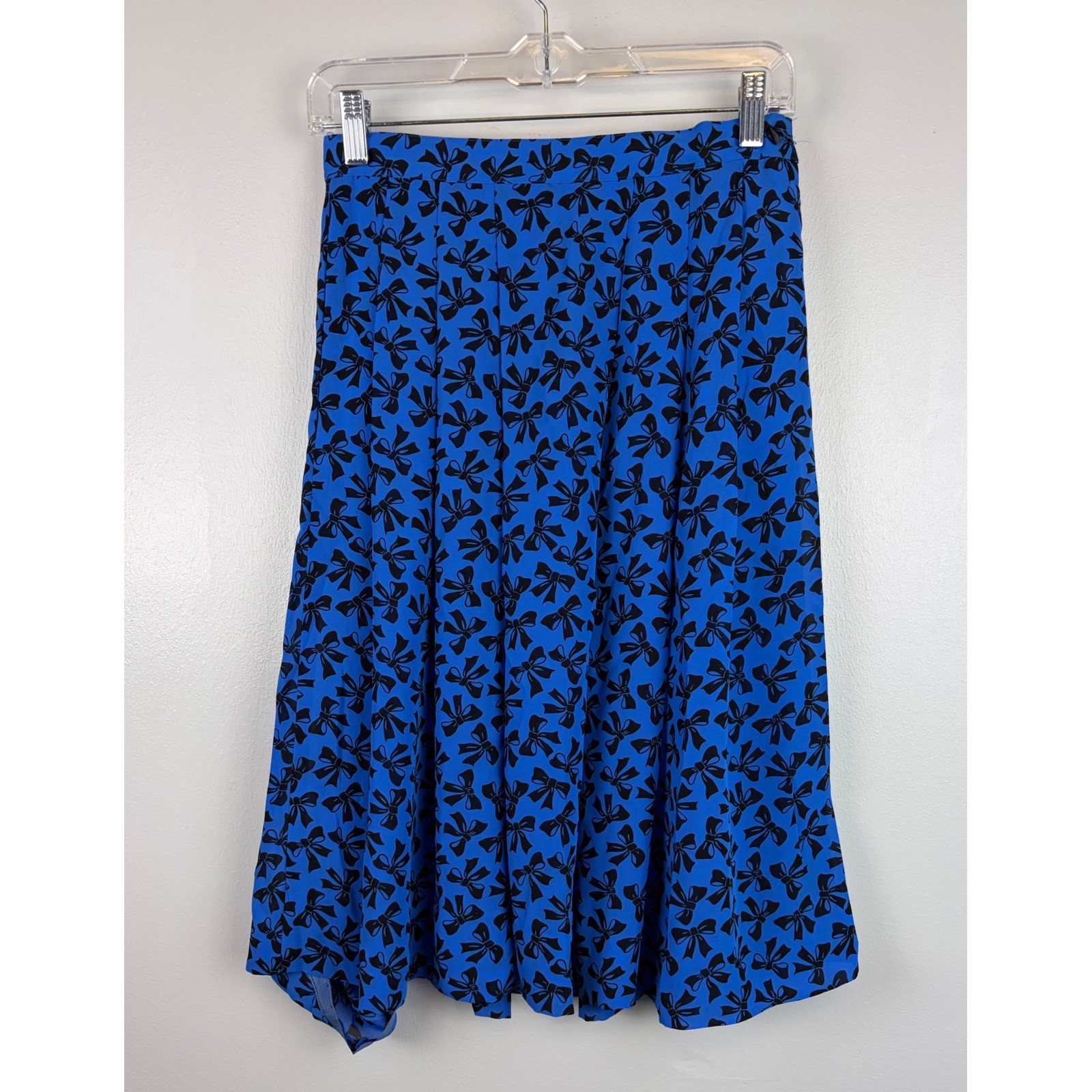 Josephine Vintage Blue Black Bow Print Pleated Midi Skirt Sz 8 Coquette Cottage