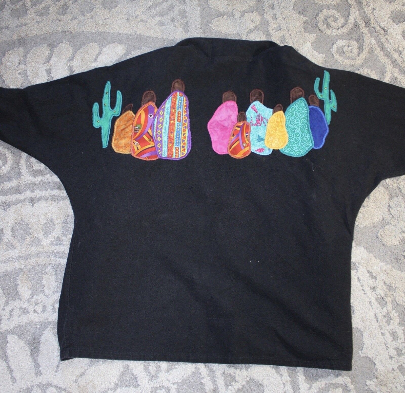 Alfredos Wife Black Cardigan Style Embroidered Western Themed Cactus Whimsical