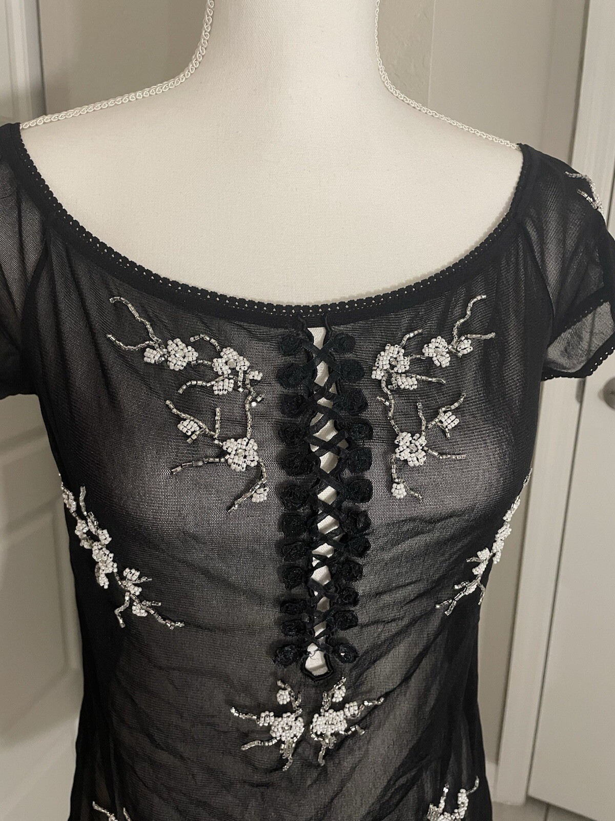 Vivienne Tam black mesh blouse with embroidered flowers
