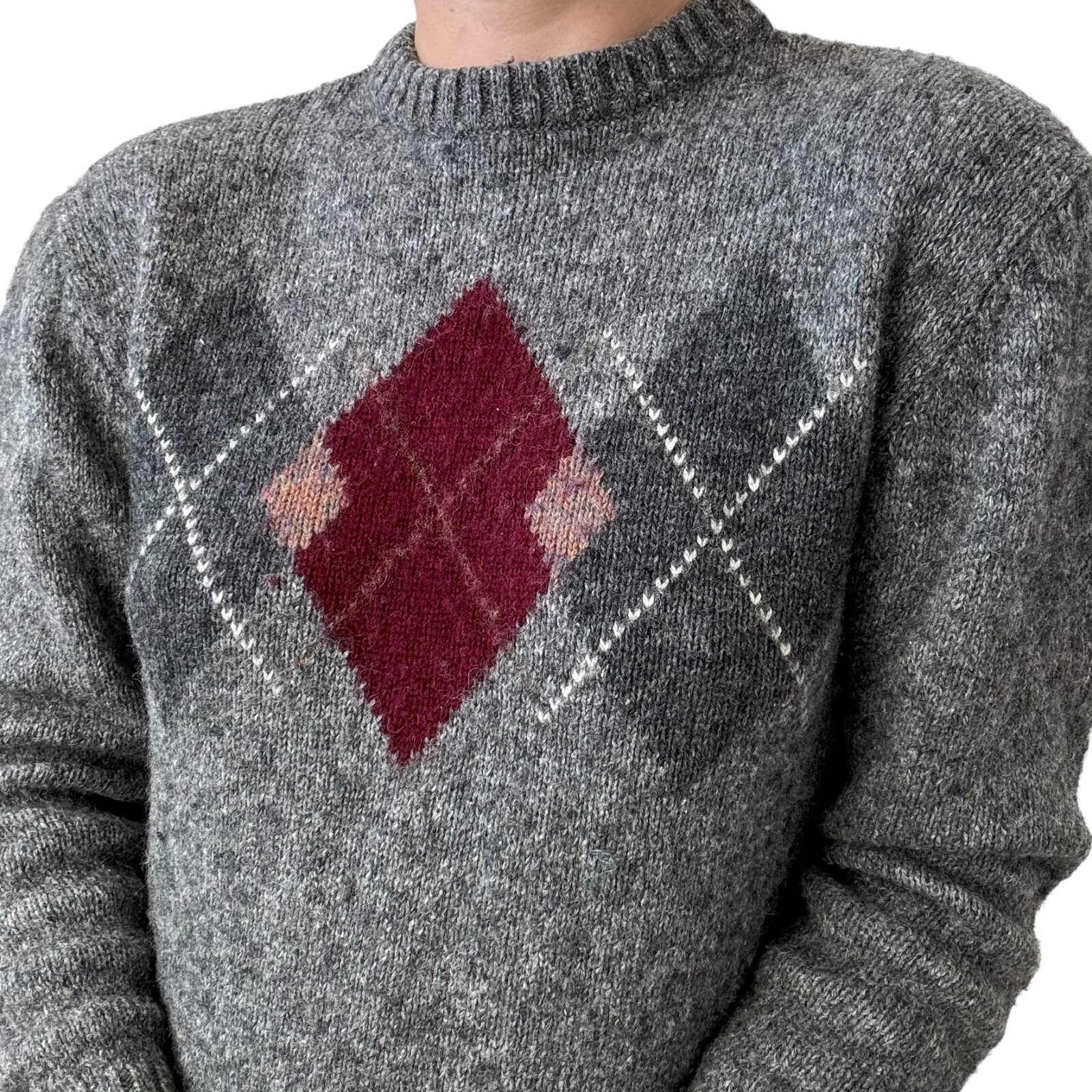 Vintage 1970s McGregor Gray Womens Argyle Preppy Wool Blend Sweater Sz M