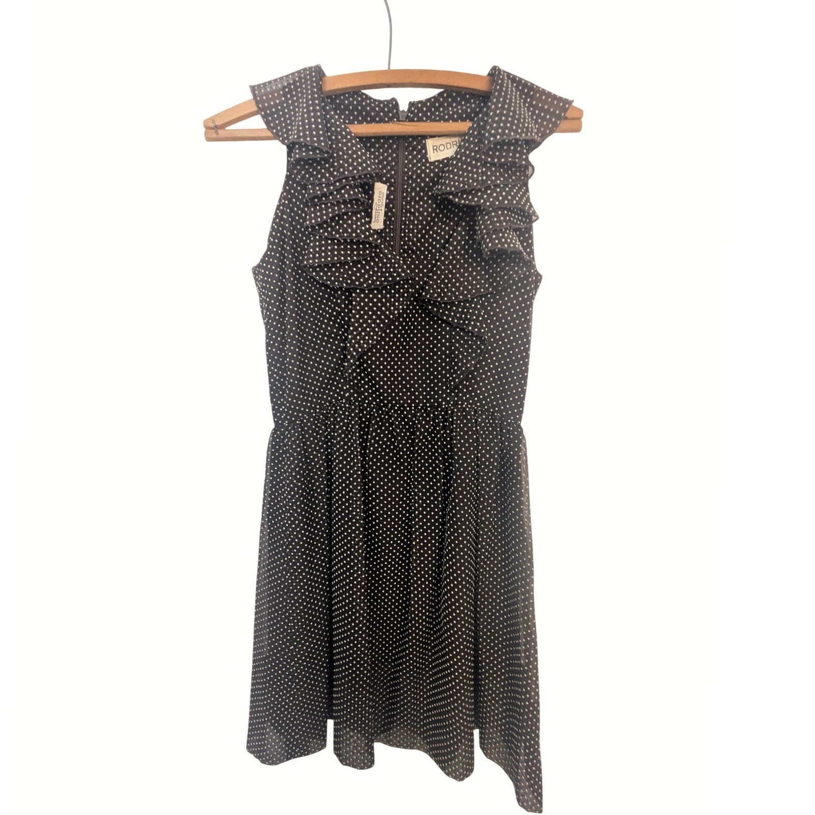 Vintage 60s Rodrigues Chocolate Brown Mod Polka Dot Ruffle Neck A-Line MiniDress