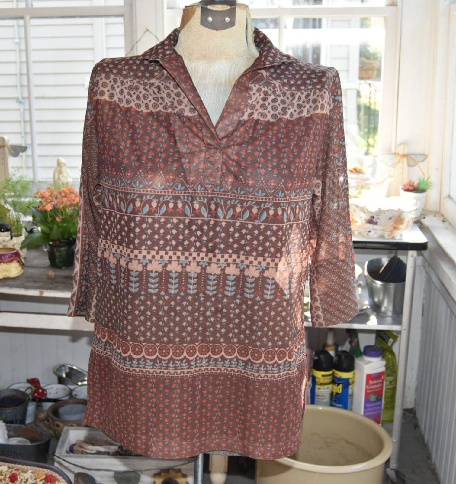 Vintage 1970s Blouse Boho Floral Geometric Print Tunic Sheer Brown M-L