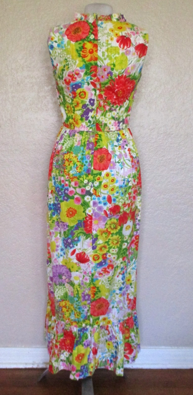 Vintage Concept 70s Swirl Maxi Dress Floral Print S/M Women Ruffle Trim