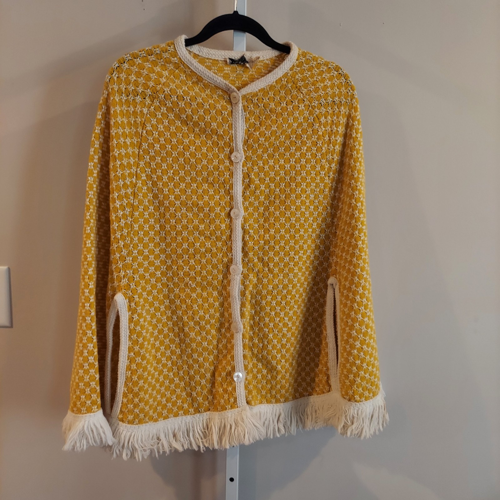 Vintage Crochet Fringe Poncho (stain) Yellow Cream Button Up Arm Holes Union