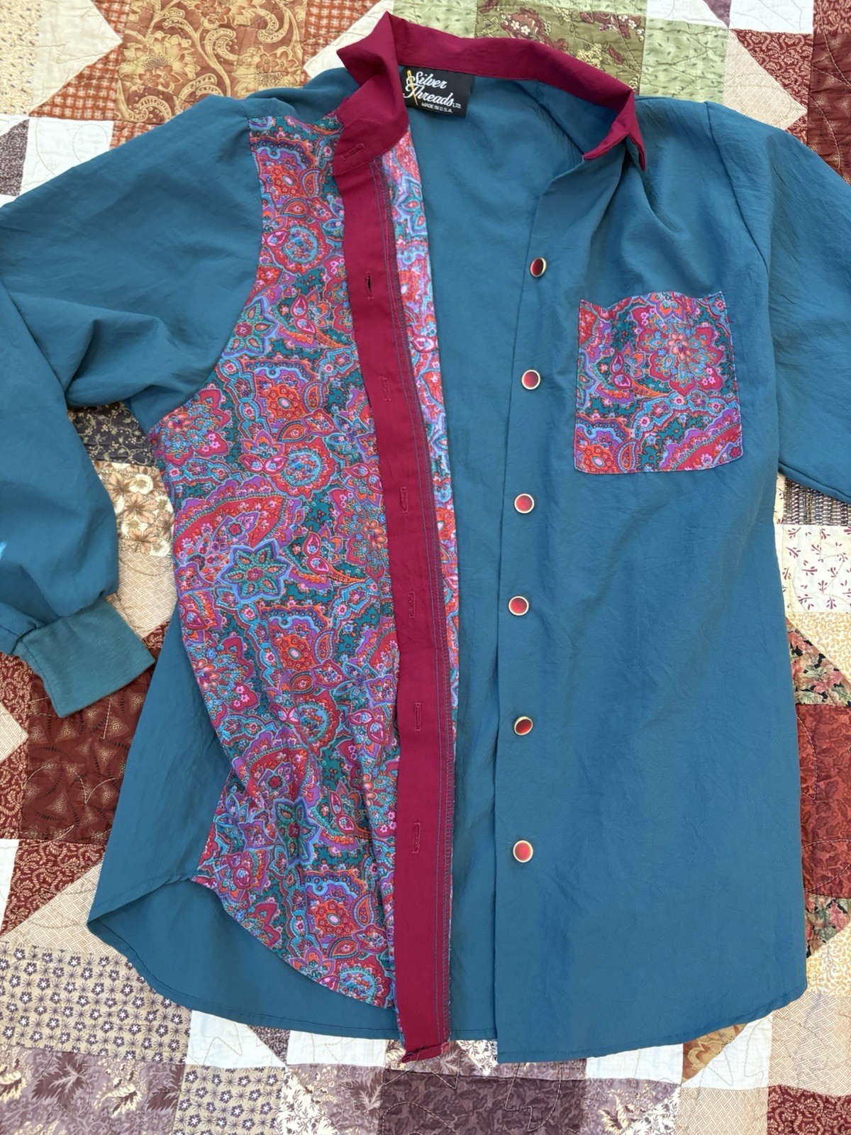 vintage Silver Threads Ltd. button-up shirt vibrant teal and paisley pattern
