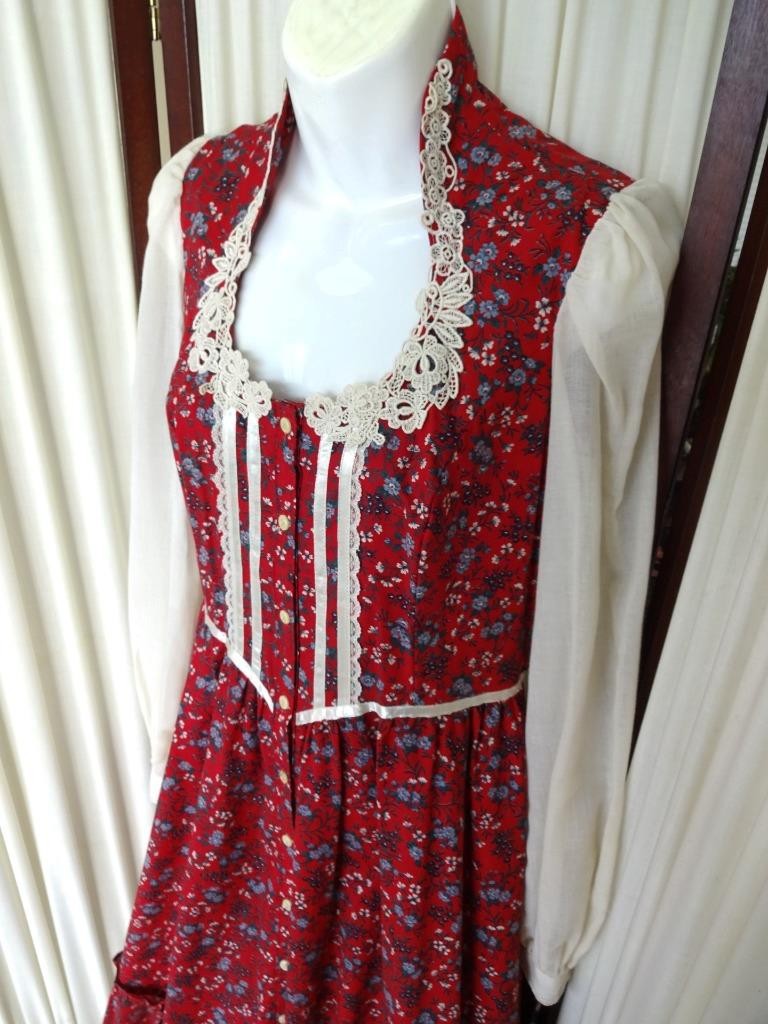 VINTAGE GUNNE SAX BY JESSICA RED CALICO PRINT LACE VOILE TRIM PRAIRIE DRESS S-M