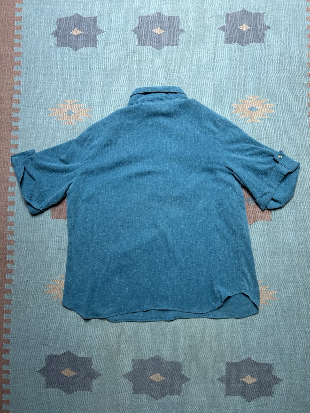 Vintage 70s short sleeve pullover shirt blue textured 1/2 button women’s 42 XL