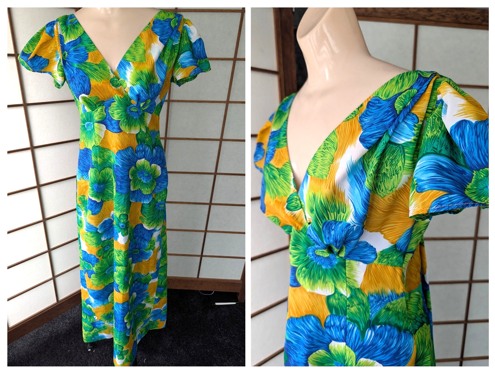 Vtg 70s 80s Pomare Hawaii MuuMuu Dress Maxi Flutter Sleeve Sz S/M Attached Train