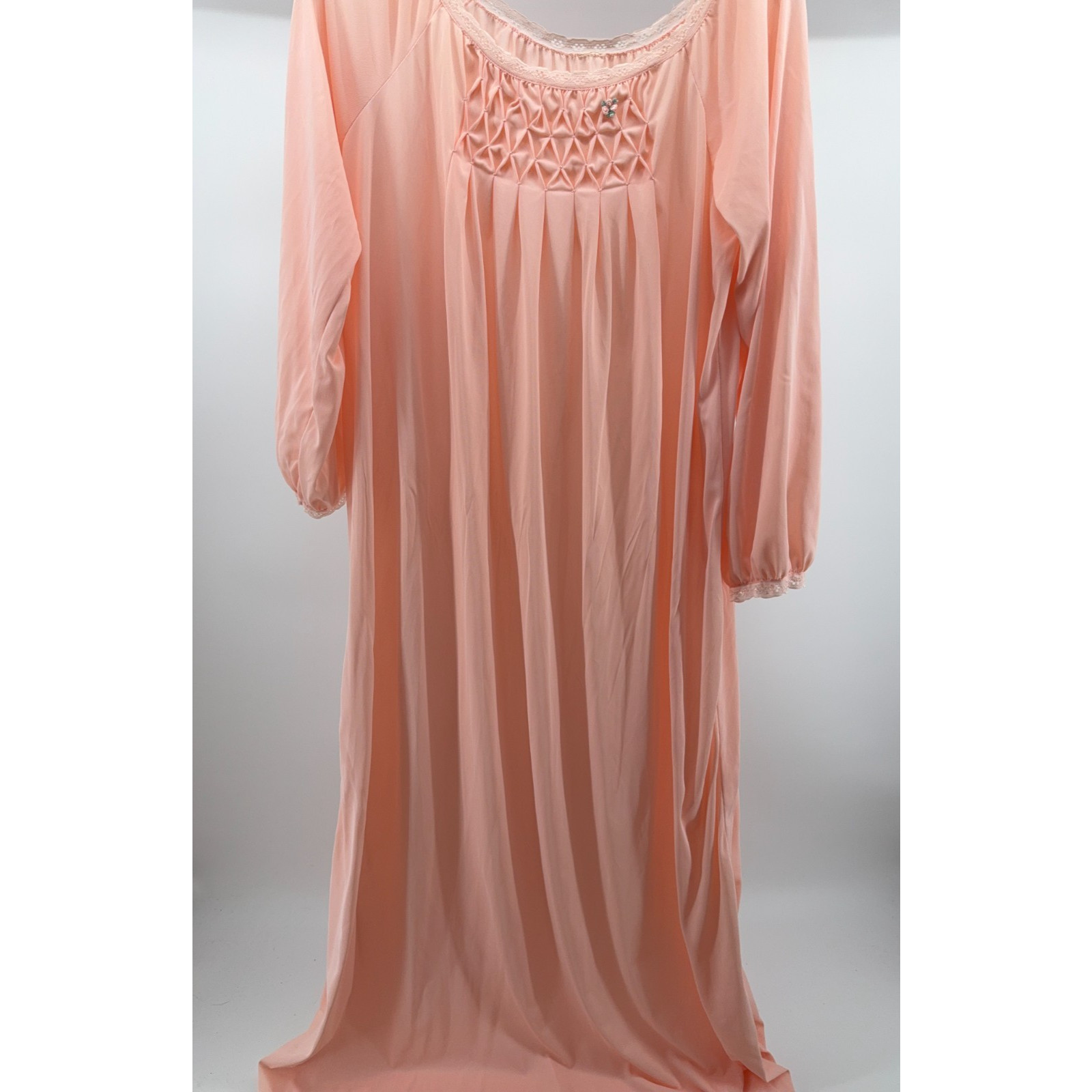 Vintage Peach Nightgown Smocked Bodice Ankle Length Romantic Cottagecore