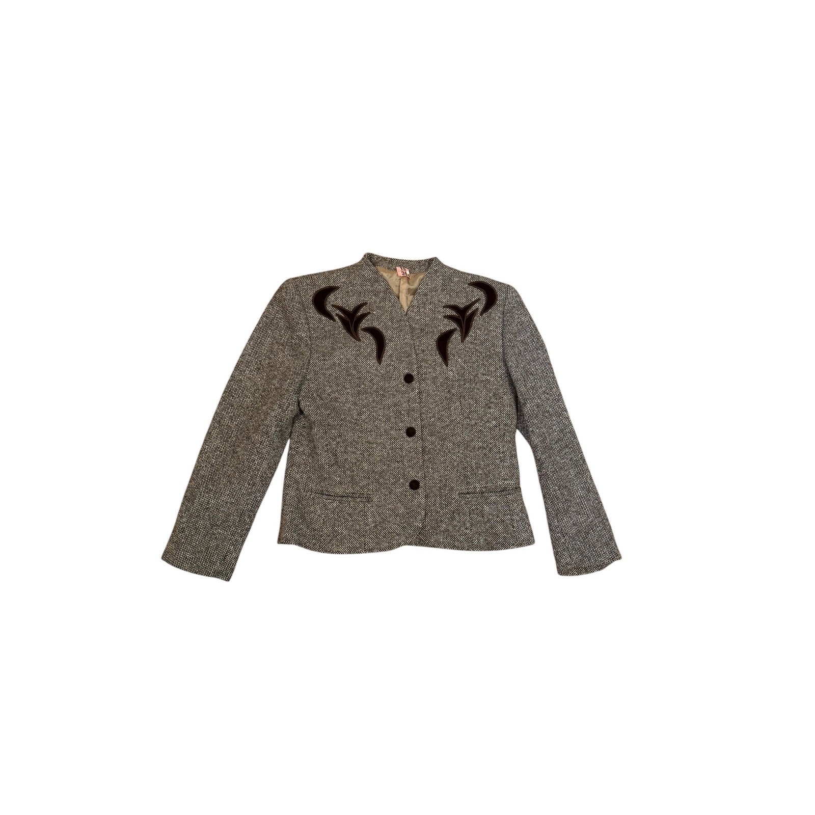 Vtg France Tweed Wool Blend Jacket Brown Velvet Applique Blazer sz XS Western