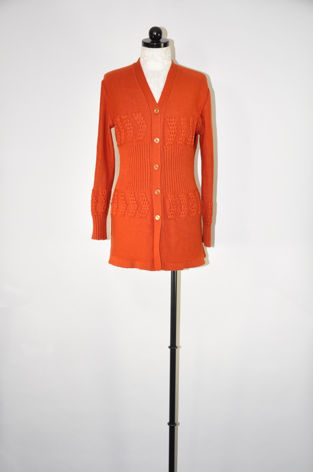 70s Autumn Rust Orange Pointelle Ribbed Knit Button Up Sweater Cardigan Women M