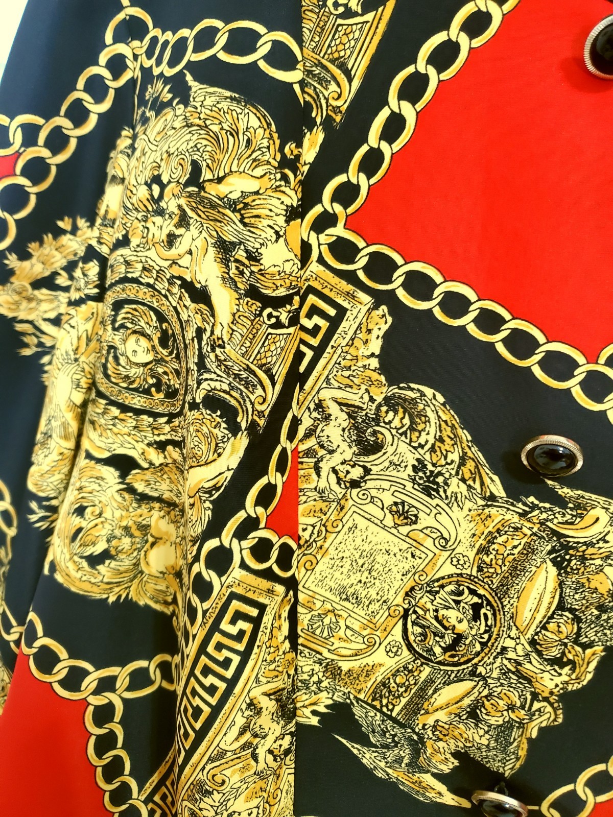 Vintage Baroque Chain Print Jacket Blouse Red Black Gold Button Front Size L XL