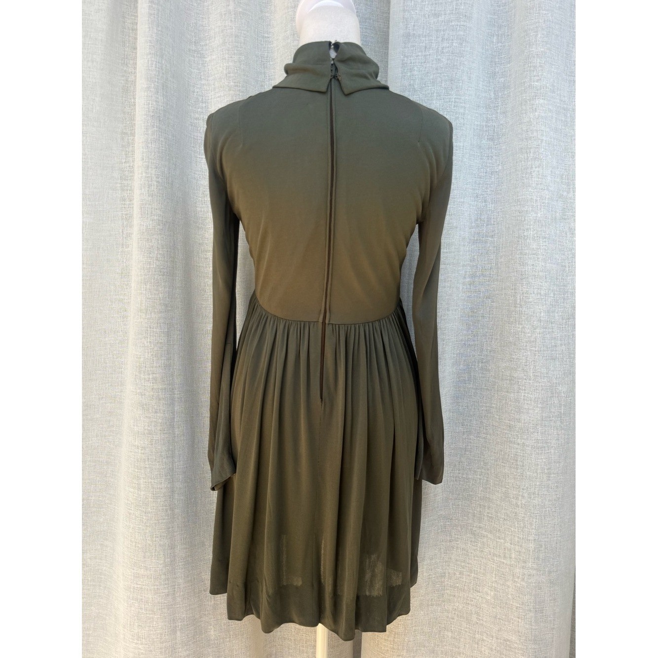 1960s Saks fifth Ave stretchy silk long sleeve moss green mini high neck dress