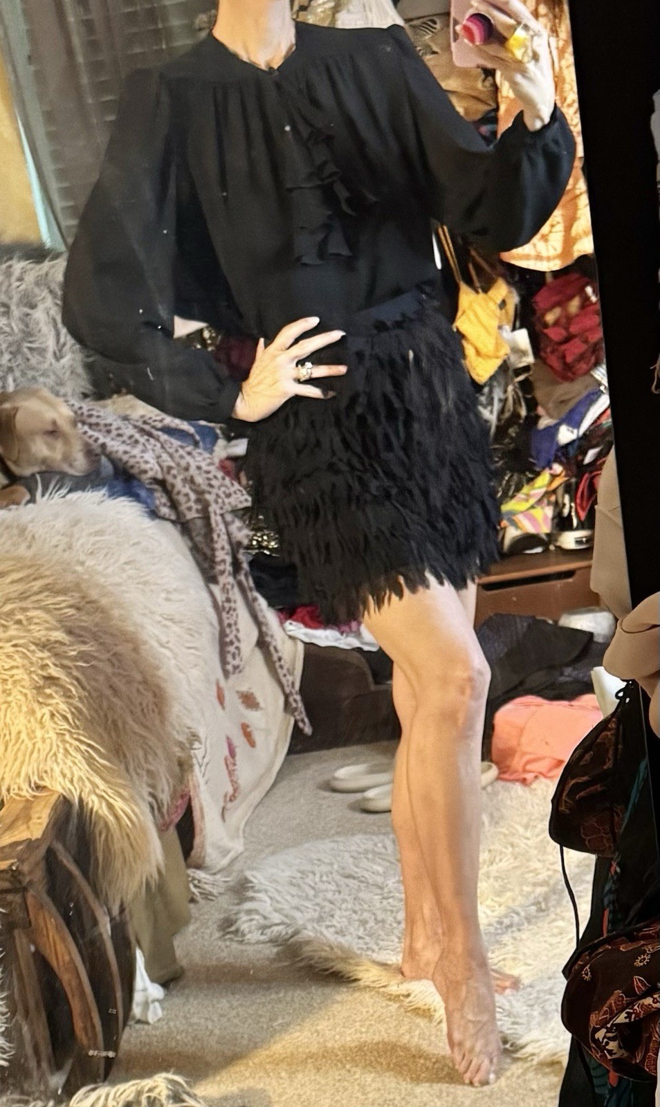 Vtg Donna Karan Black Silk Elastane Fringe Mini Skirt Black M 10