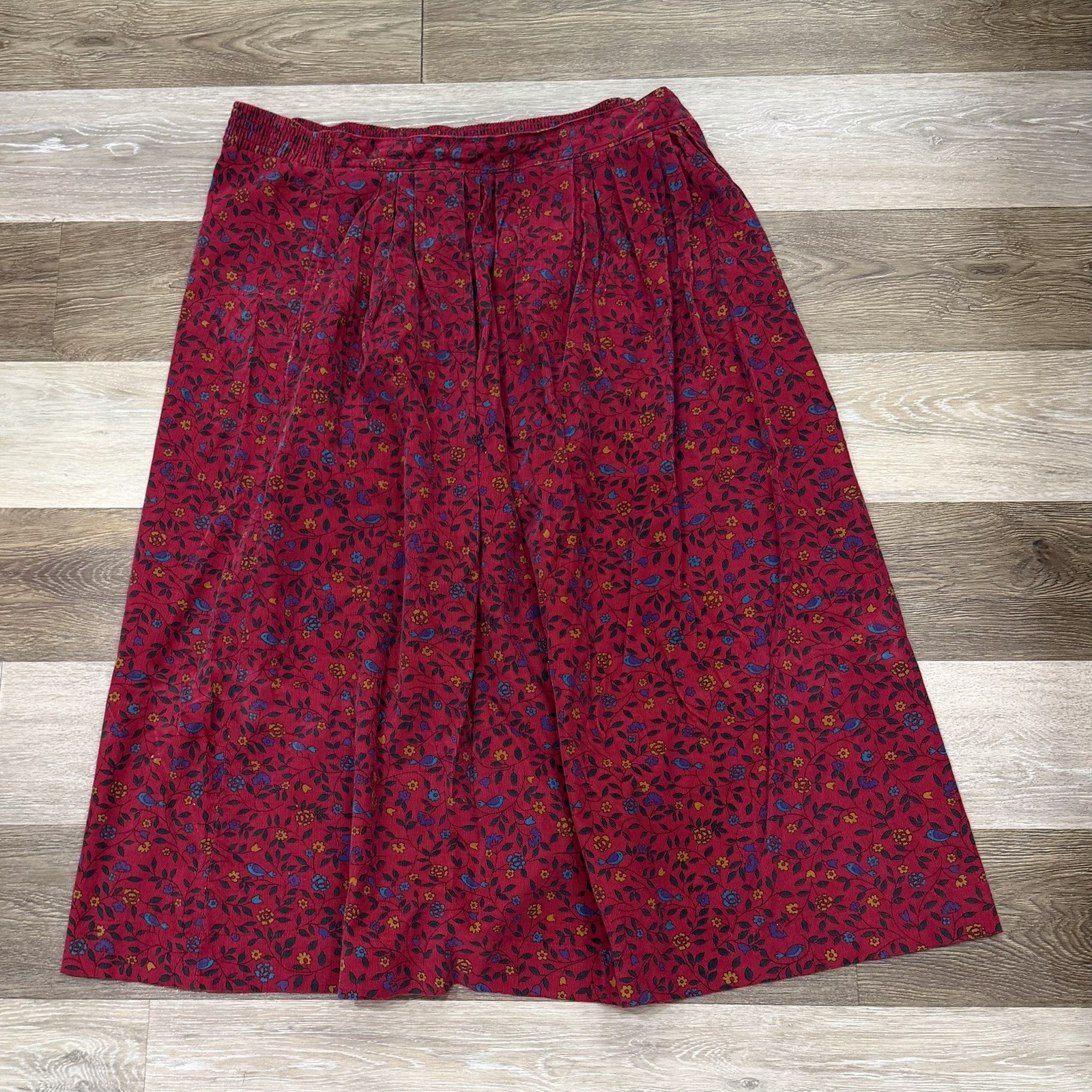 Vtg Bryn Connelly Midi Skirt Sz 16 Dark Red Floral Soft Lightweight Corduroy EUC