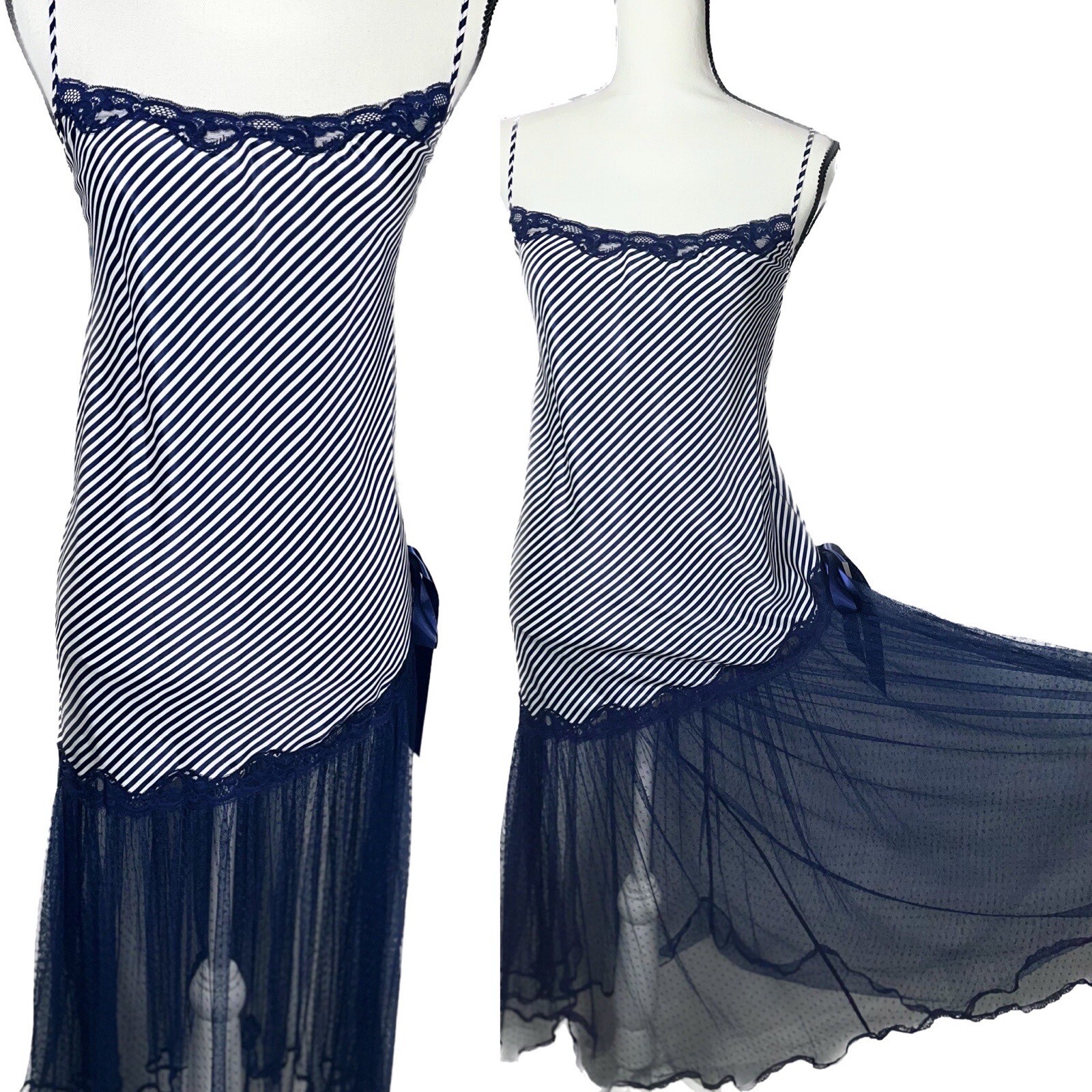 Vtg KEYLOUN Slip Flapper Dress Nightgown Drop Waist Net Mesh Skirt Navy Blue L