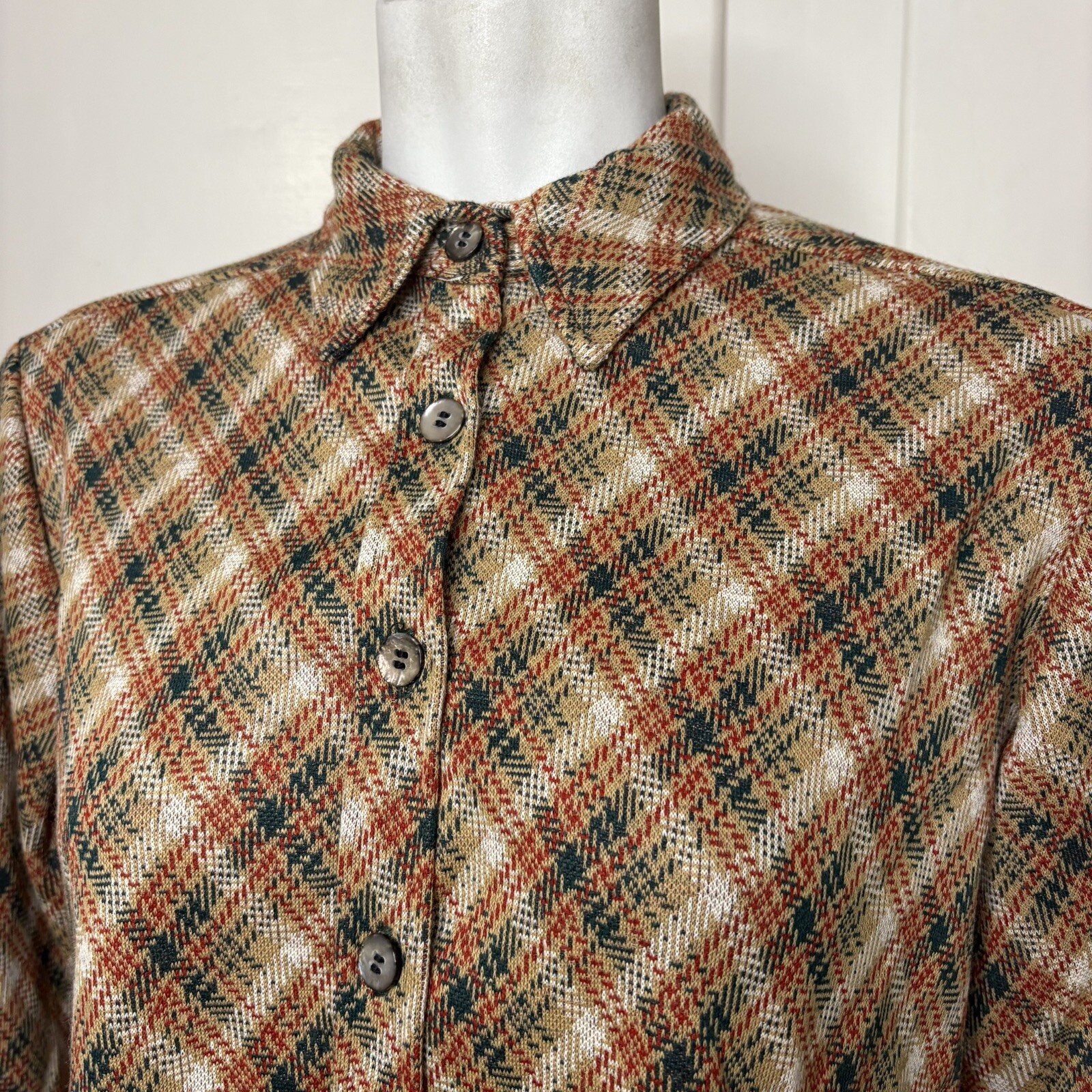 Vintage 70s Tan Red Green Plaid Double Knit Polyester Collared Button Up Shirt