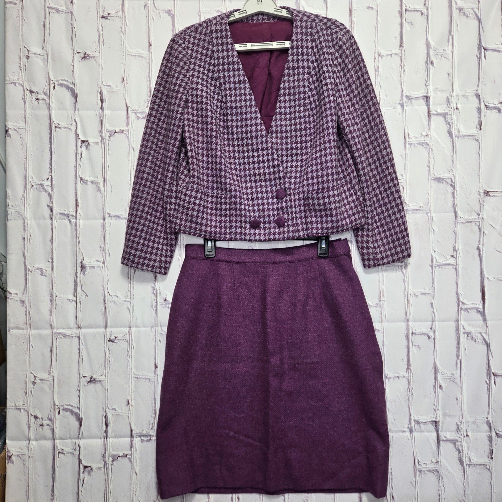 Vintage 60s 70s Purple Houndstooth Wool Pencil Skirt Suit Set Cropped Blazer