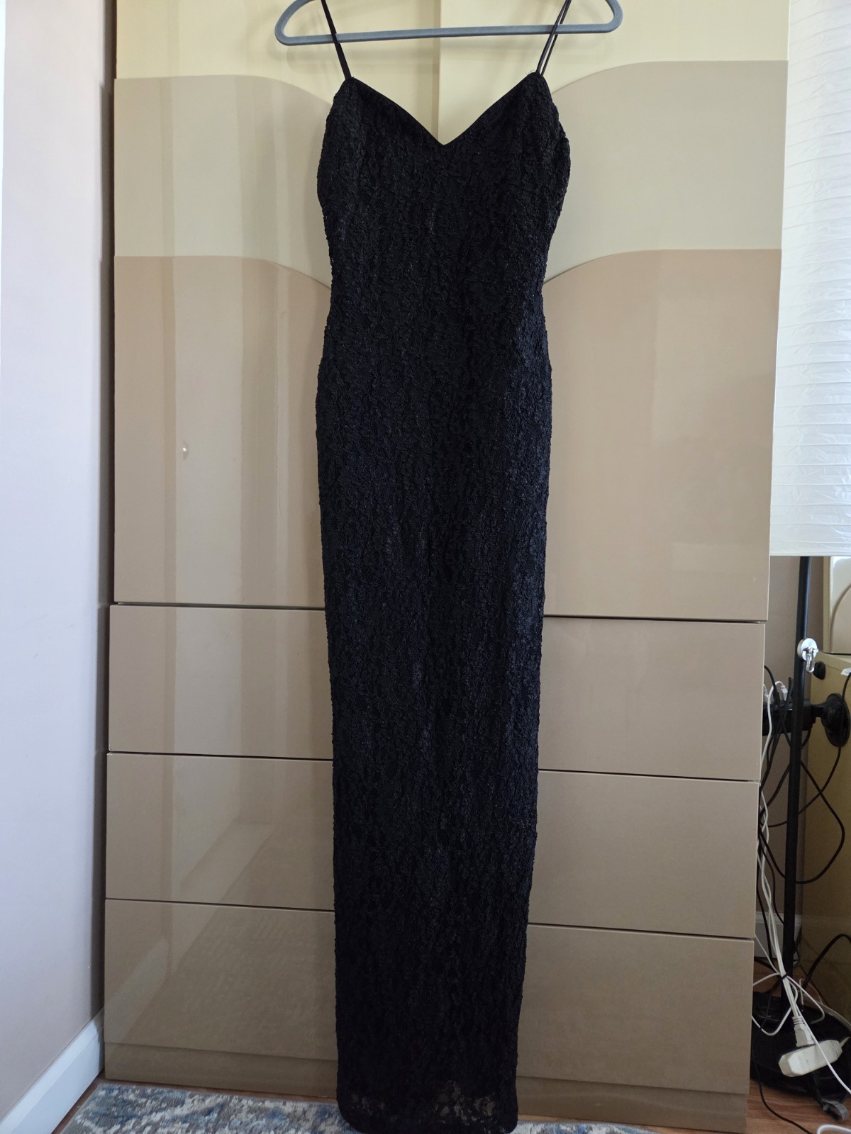 Vintage L.A. Glo Black Lace Maxi Dress Slip Spaghetti Strap Side Slit USA XS/S