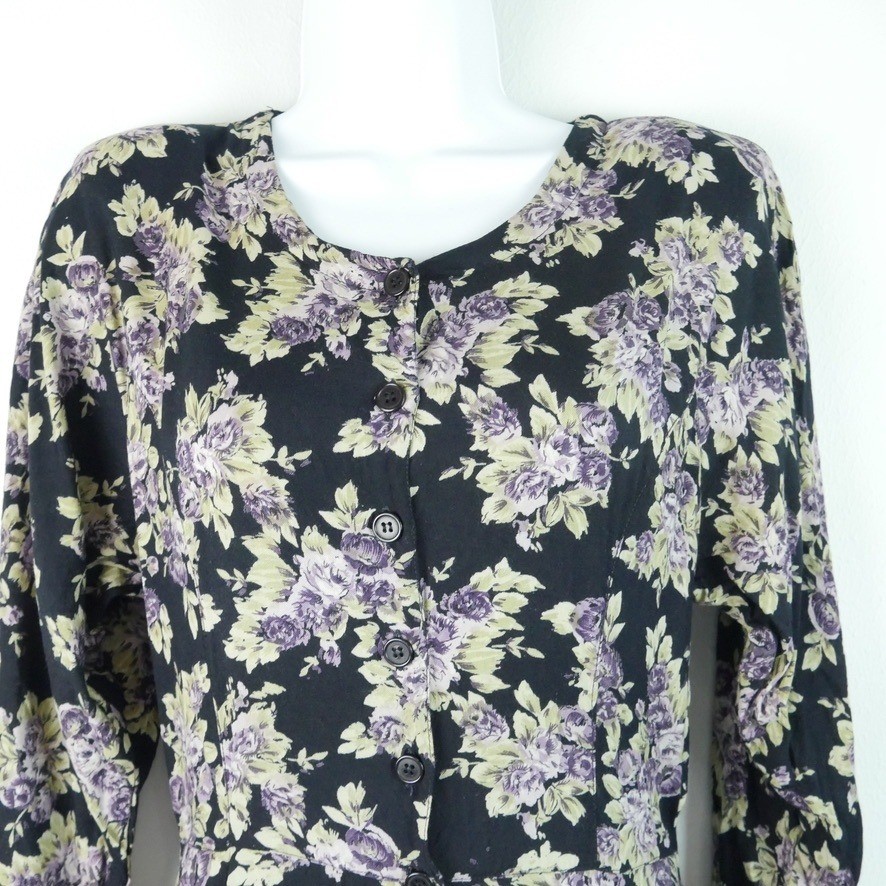 Vintage 90s Floral Midi Dress XS S Button Front Moody Floral Grunge Cottagecore