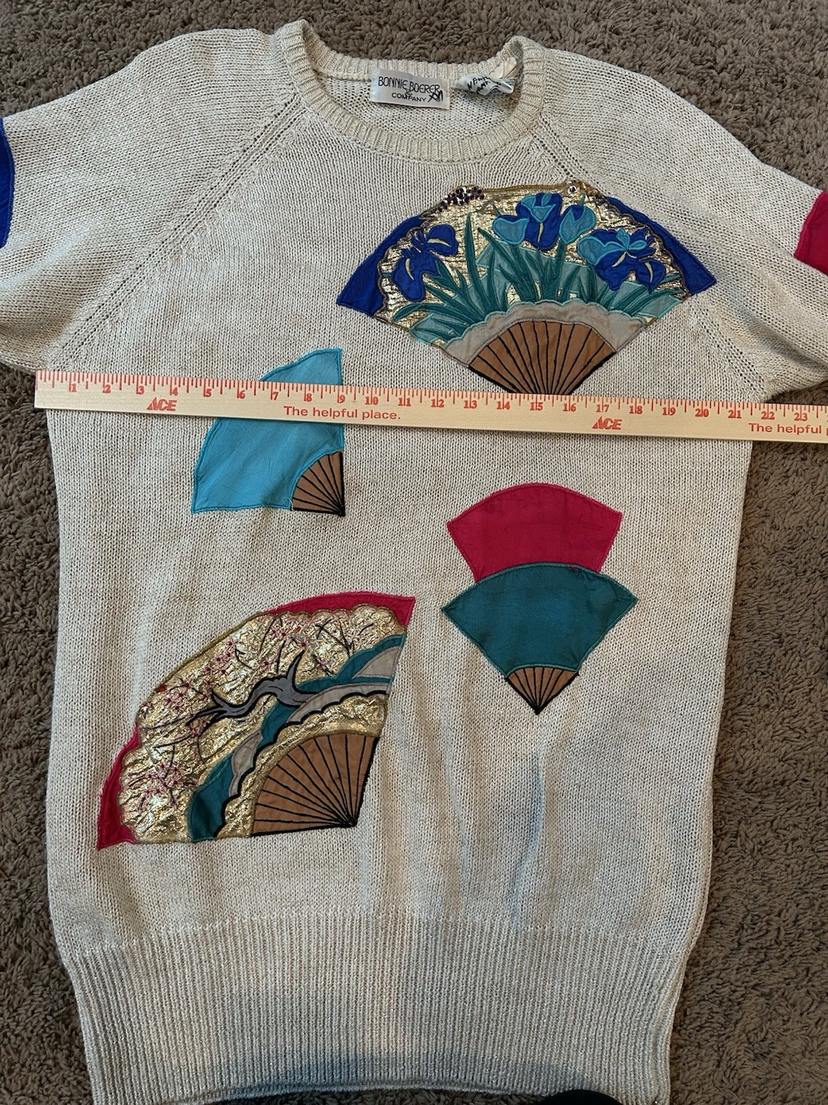 Vintage 86 Bonnie Boerer Geisha Fan Sweater L Cream Gold Art Deco Colorful Long