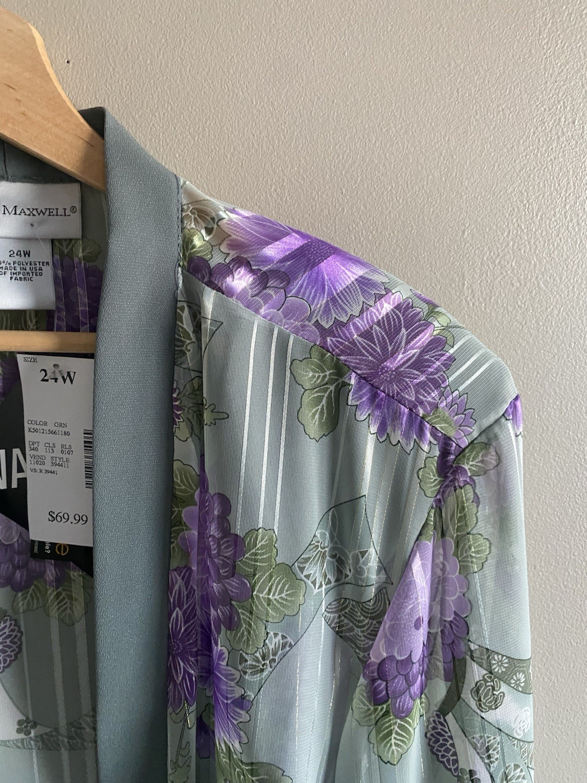 Vtg Anna Maxwell Womens Robe 24W Sage Purple Floral Semi-shear Duster Kimono