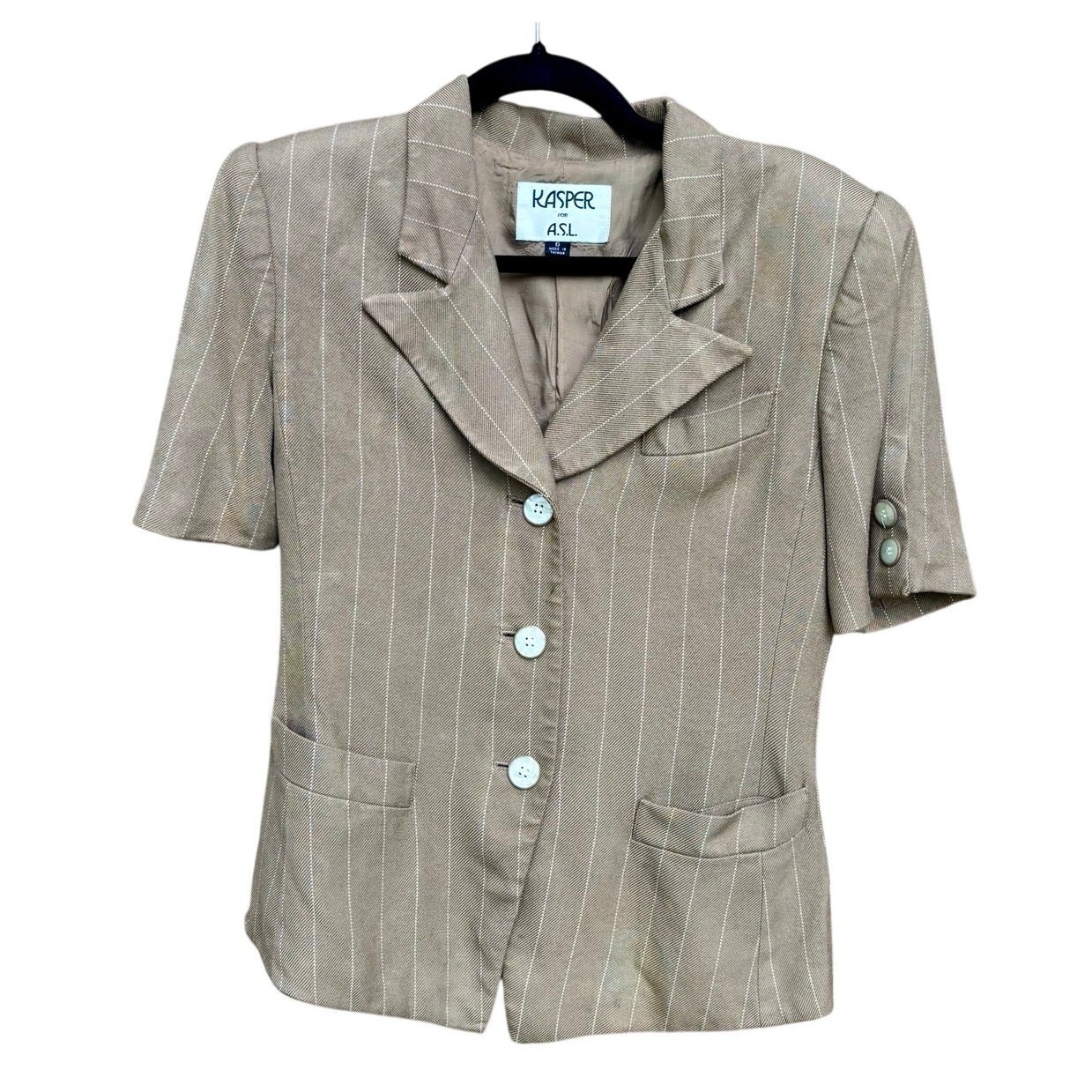 Vintage 1980s Kasper ASL Pinstripe Blazer Jacket Short Sleeve Brown Academia