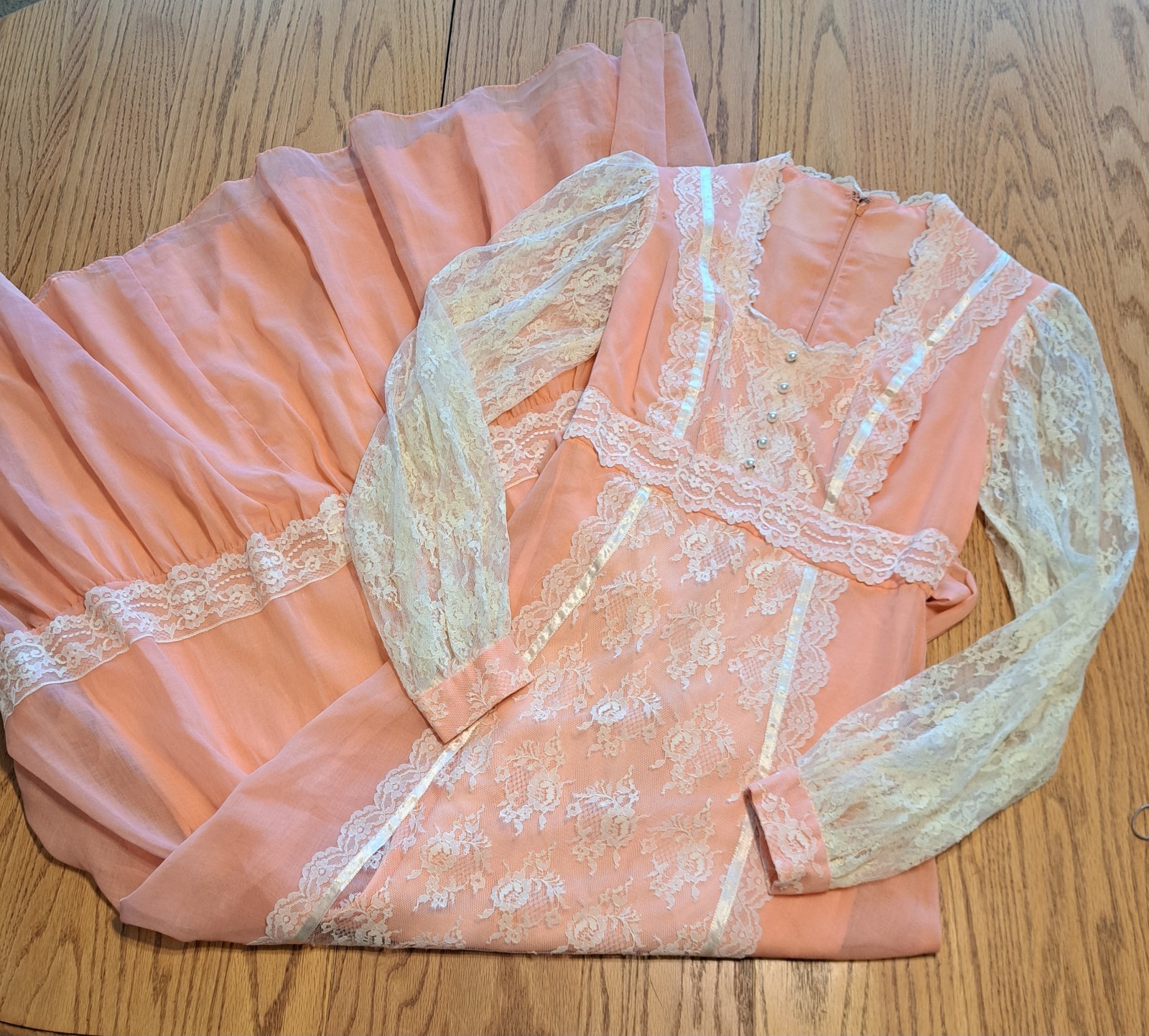Vtg 70s Peach Chiffon Lace Prairie Granny Victorian Prom Maxi Gown Sz 7/8 Flaws