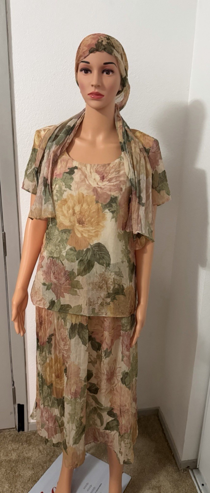 Vintage Midnight Velvet Floral Dress w/ Scarf Sheer Layered Size 8