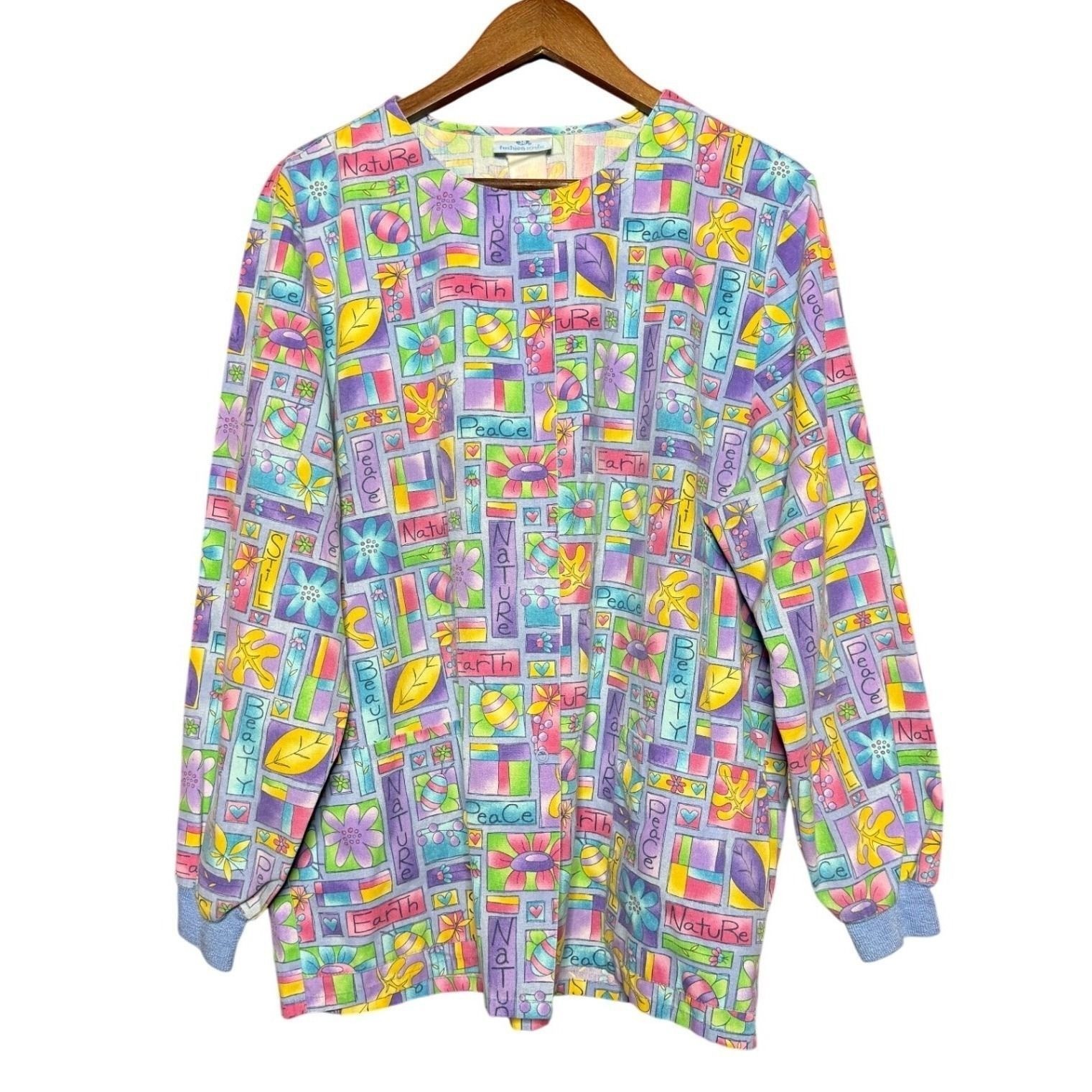 VTG SB Fashion Scrubs Jacket Women XL Multicolor Nature Peace Earth Beauty Print