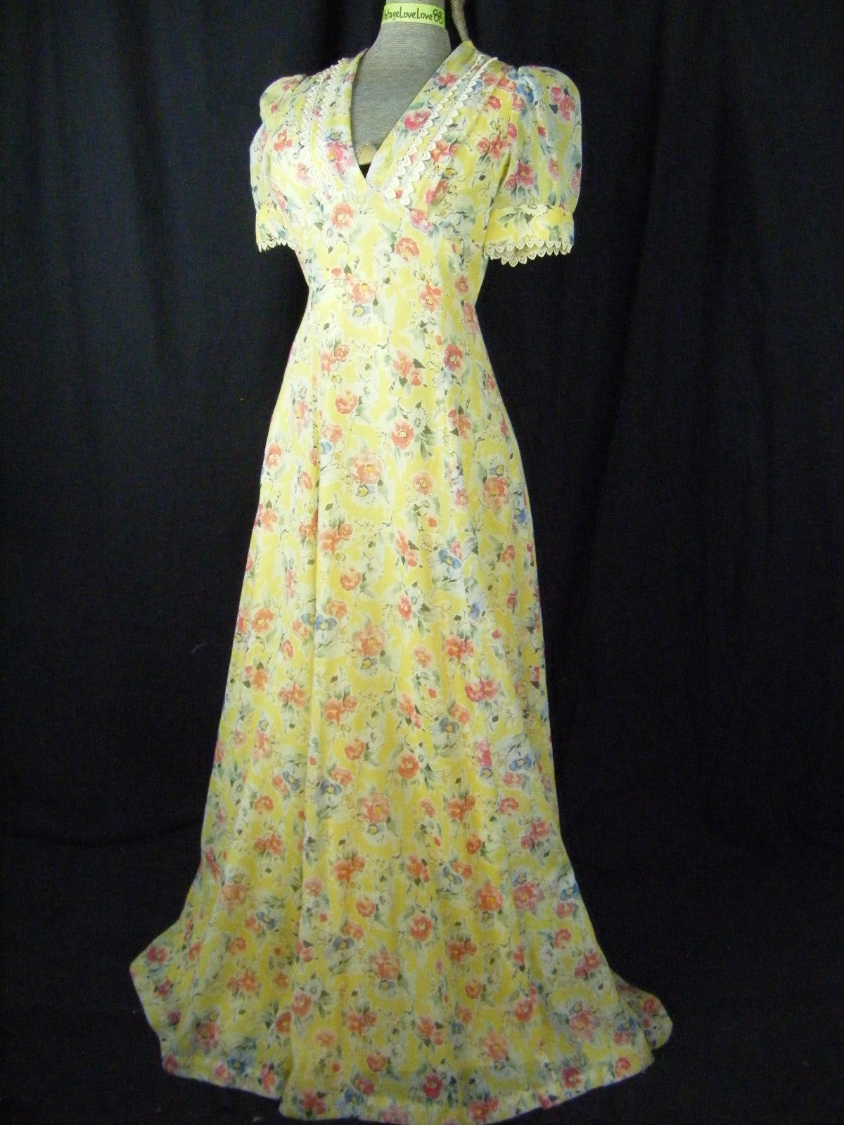 Vtg 70s Yellow Water Color Floral 1930s Inspired Long Dress-Bust 34/2XS