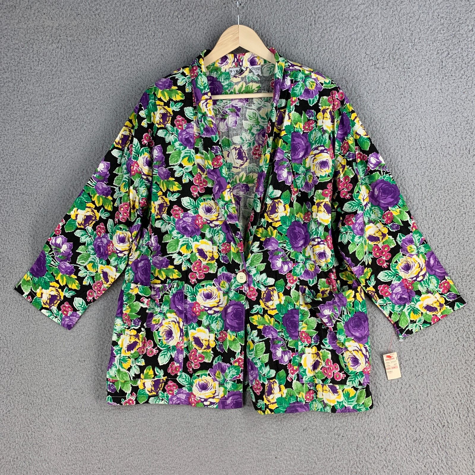 Vtg 90s First Class Blazer 22 Floral Vibrant 3/4 Wide Sleeve Artsy Deadstock New