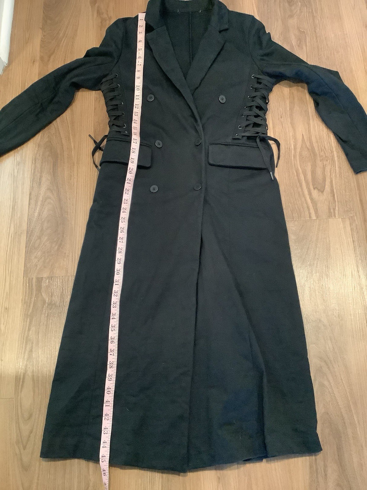 Black Corset Lace Up Sides Split Sleeves Dbl. Breasted Long Goth Coat S/M